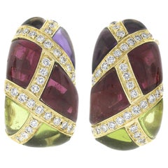 Vintage Roberto Casarin 18K Gold Rubellite Amethyst Peridot & Pave Diamond Cuff Earrings