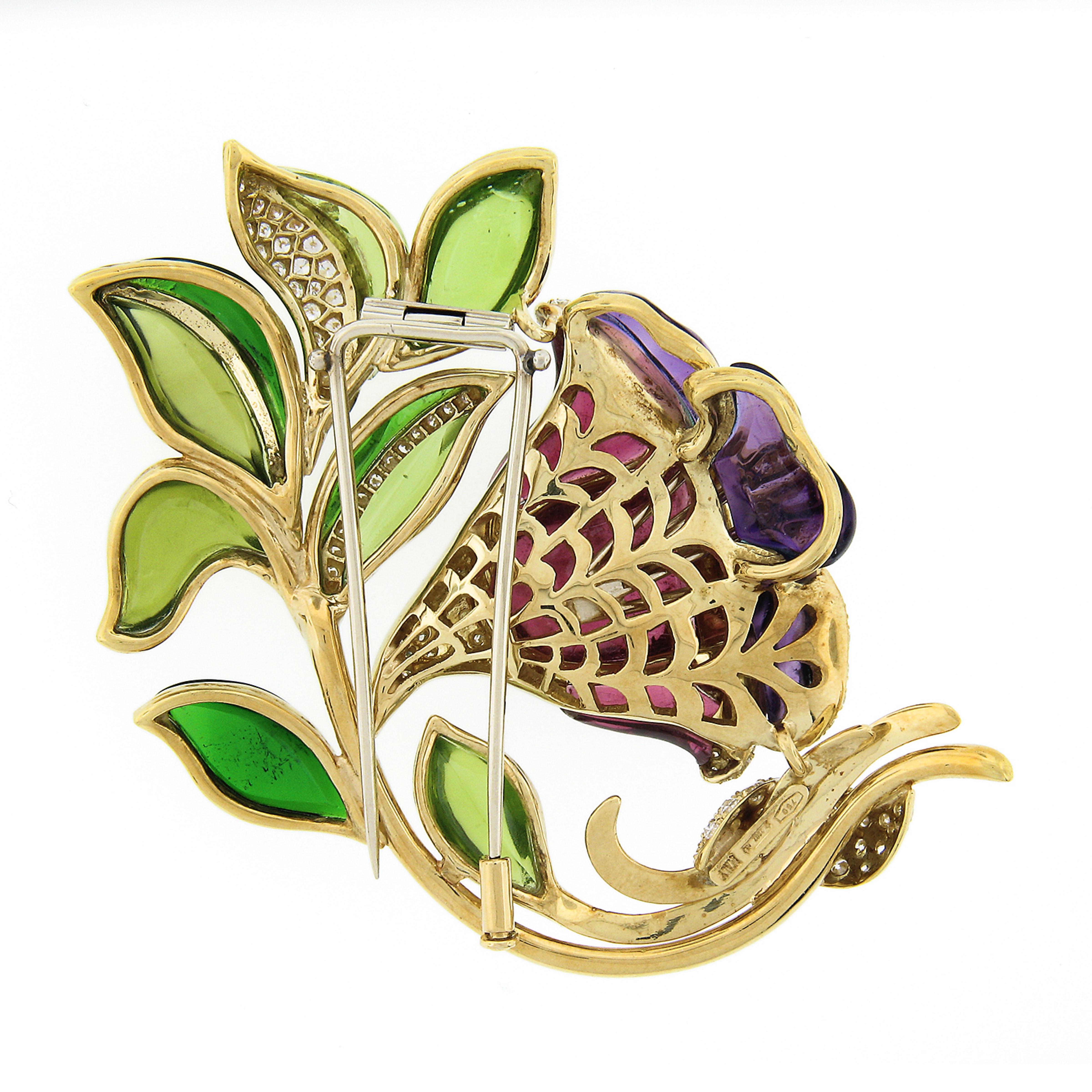 Brilliant Cut Roberto Casarin 18k Gold Tourmaline Amethyst Period Flower & Diamond Brooch Pin For Sale