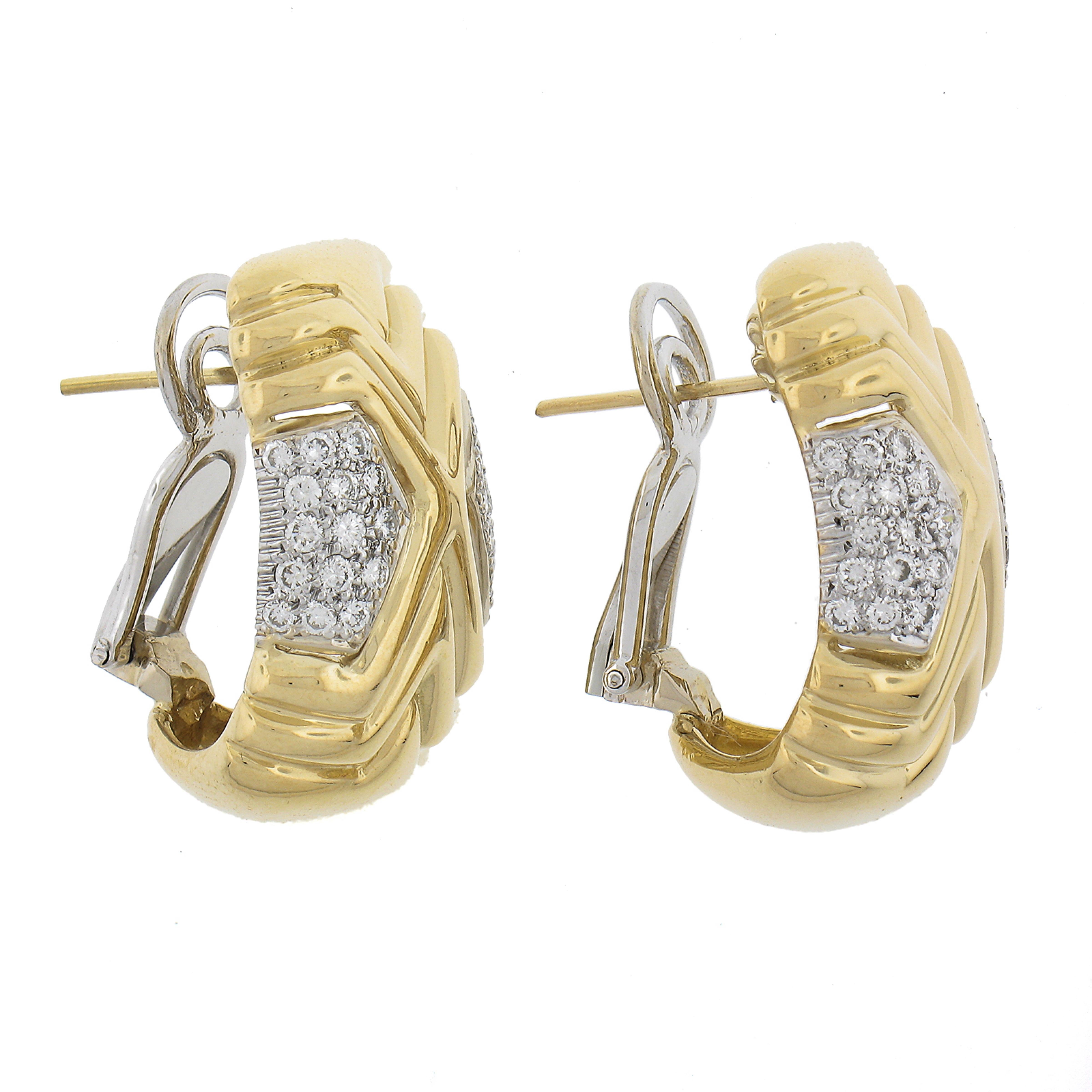 Roberto Casarin 18K TT Gold 0.60ctw Pave Set Diamond Wide Grooved Cuff Earrings In Excellent Condition For Sale In Montclair, NJ