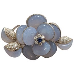 Roberto Casarin 18kt WG Flower Brooch with Chalcedony, Diamonds, & Blue Sapphire