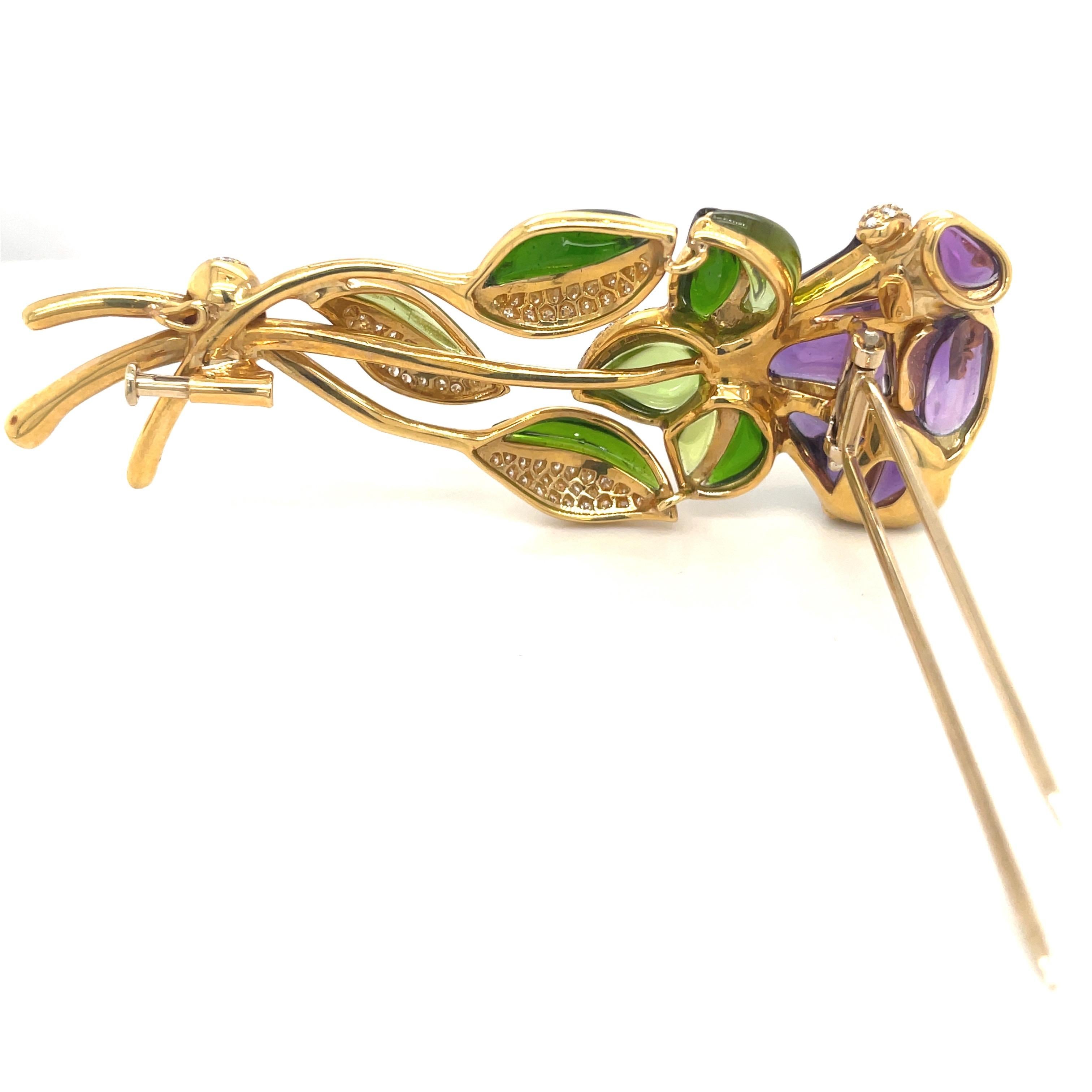 Contemporary Roberto Casarin 18kt Yg Flower Brooch Amethyst, Tourmaline, Diamond, Peridot For Sale