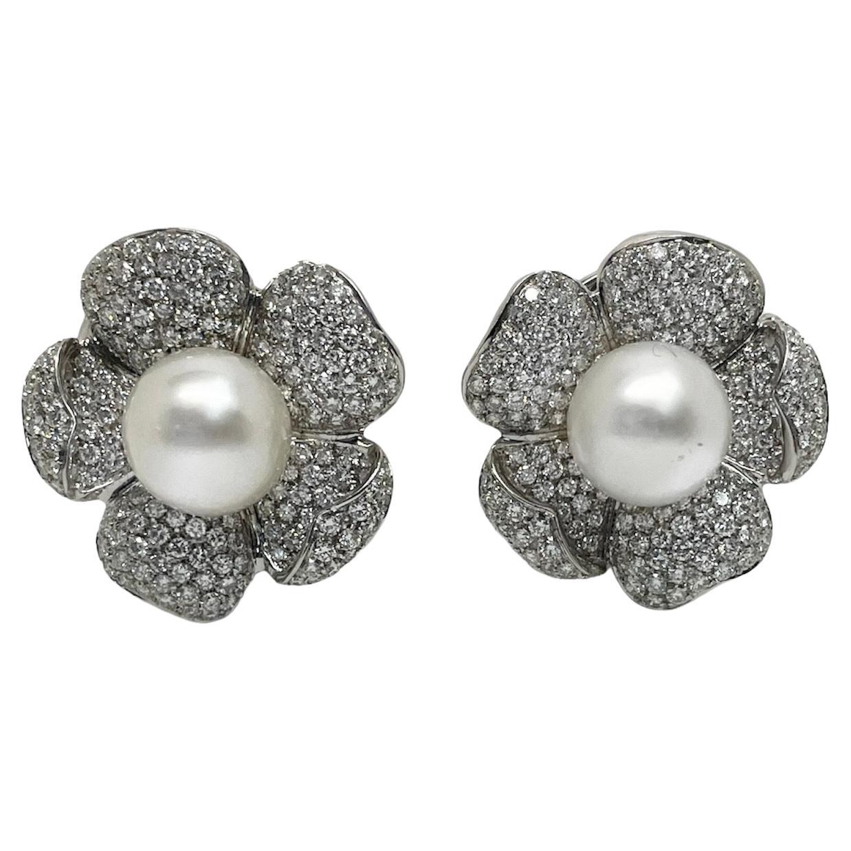 Roberto Casarin, Cultured South Sea Pearl and Diamond Flower Earrings For Sale