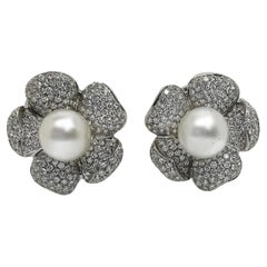 Vintage Roberto Casarin, Cultured South Sea Pearl and Diamond Flower Earrings