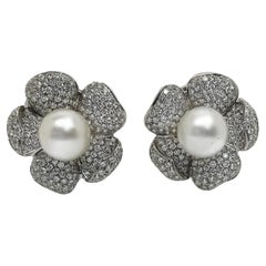 Roberto Casarin, Cultured South Sea Pearl and Diamond Flower Earrings