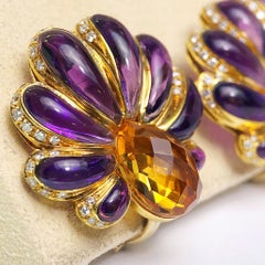 Roberto Casarin for Cellini Carved Amethyst, Citrine, & Dia. YG Flower Earrings
