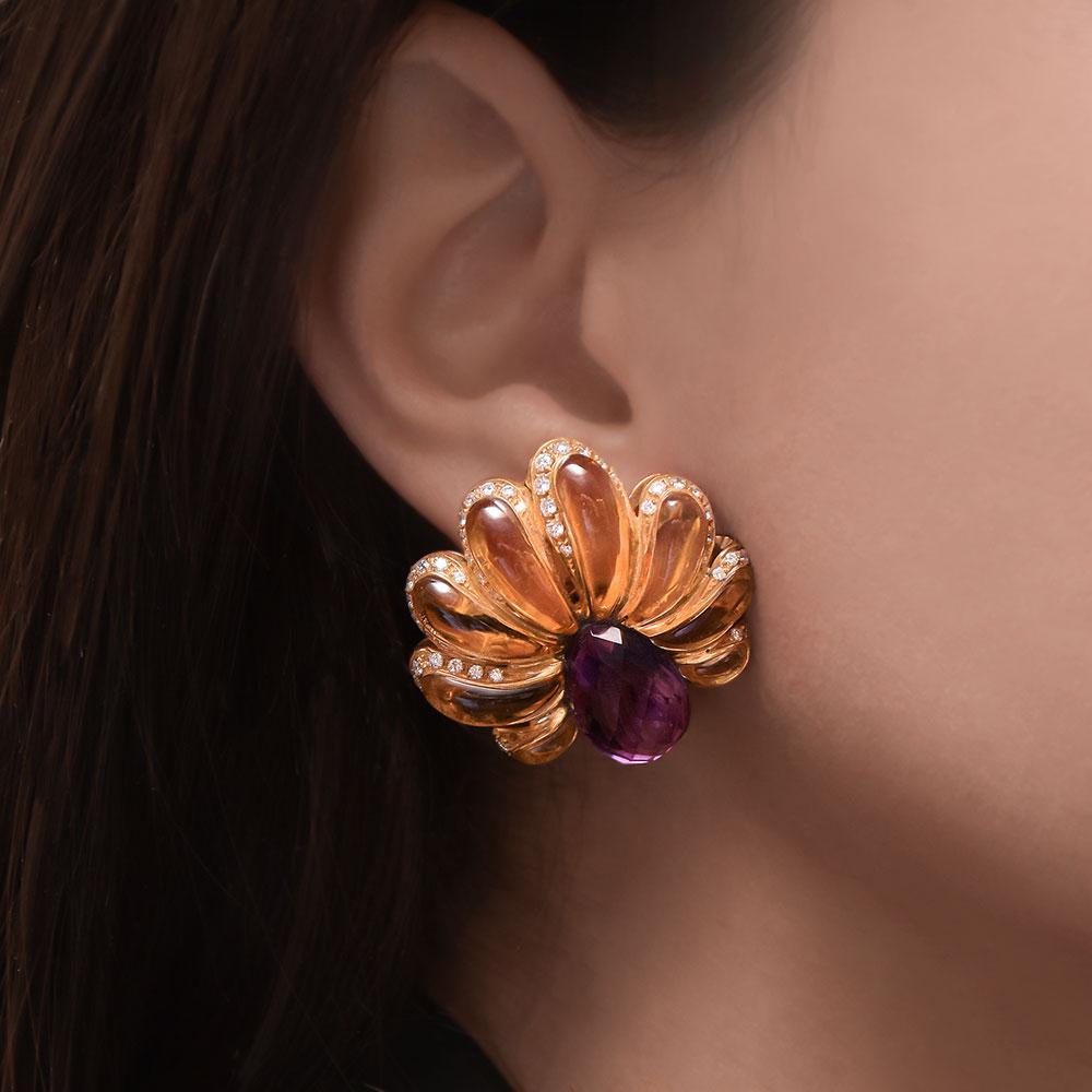 Contemporary Roberto Casarin for Cellini Carved Amethyst, Citrine, & Dia. YG Flower Earrings For Sale