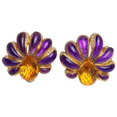 Roberto Casarin for Cellini Carved Amethyst, Citrine, & Dia. YG Flower Earrings