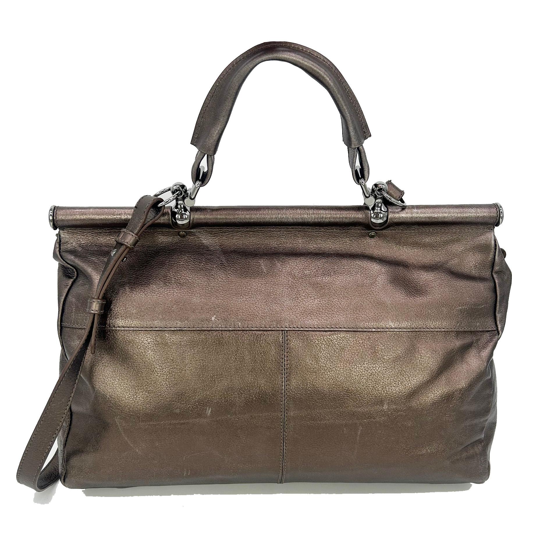 Gray Roberto Cavali Metallic Bronze Leather Diva Bag For Sale