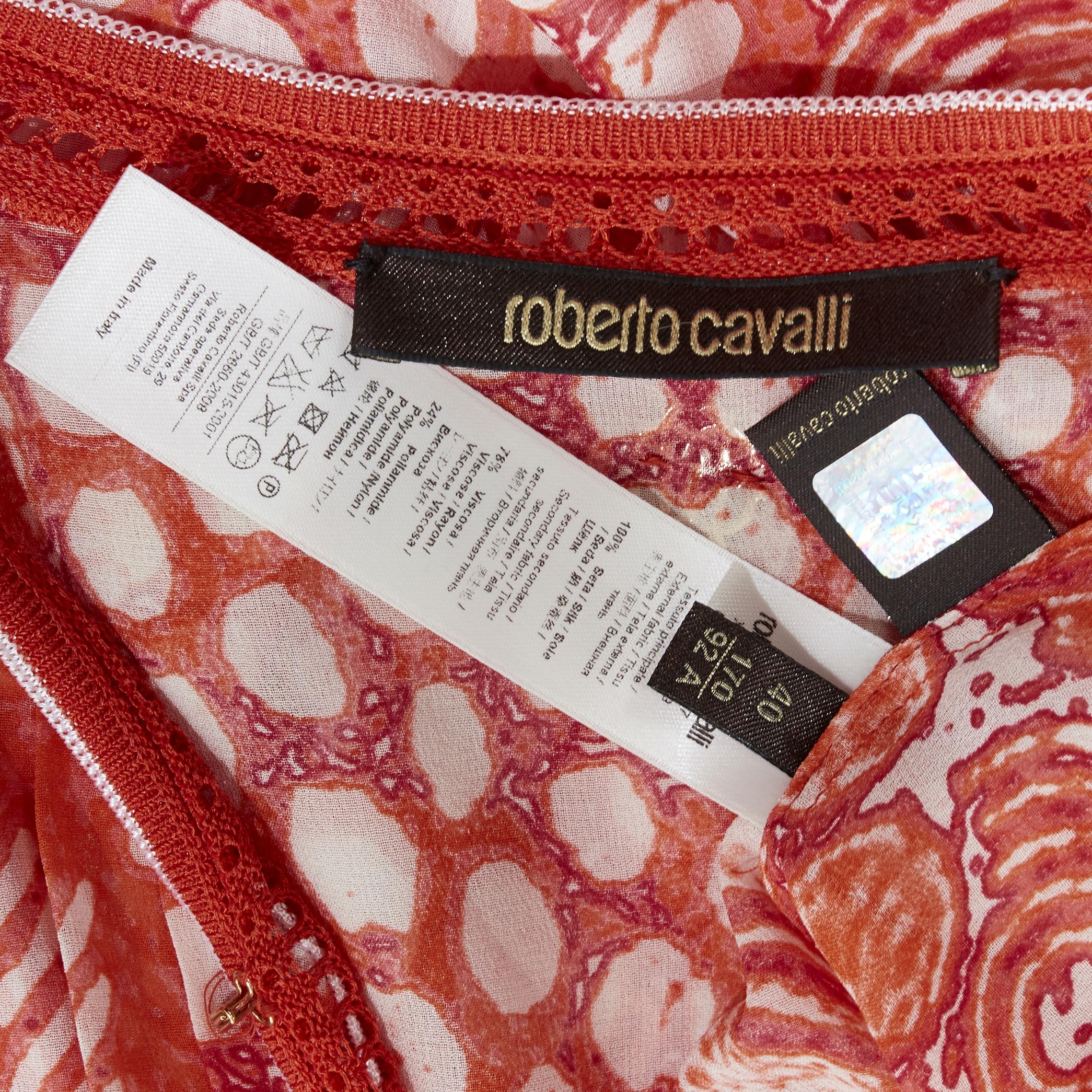 ROBERTO CAVALLI 100% silk red tropical floral crochet seam poncho cover up top S 6
