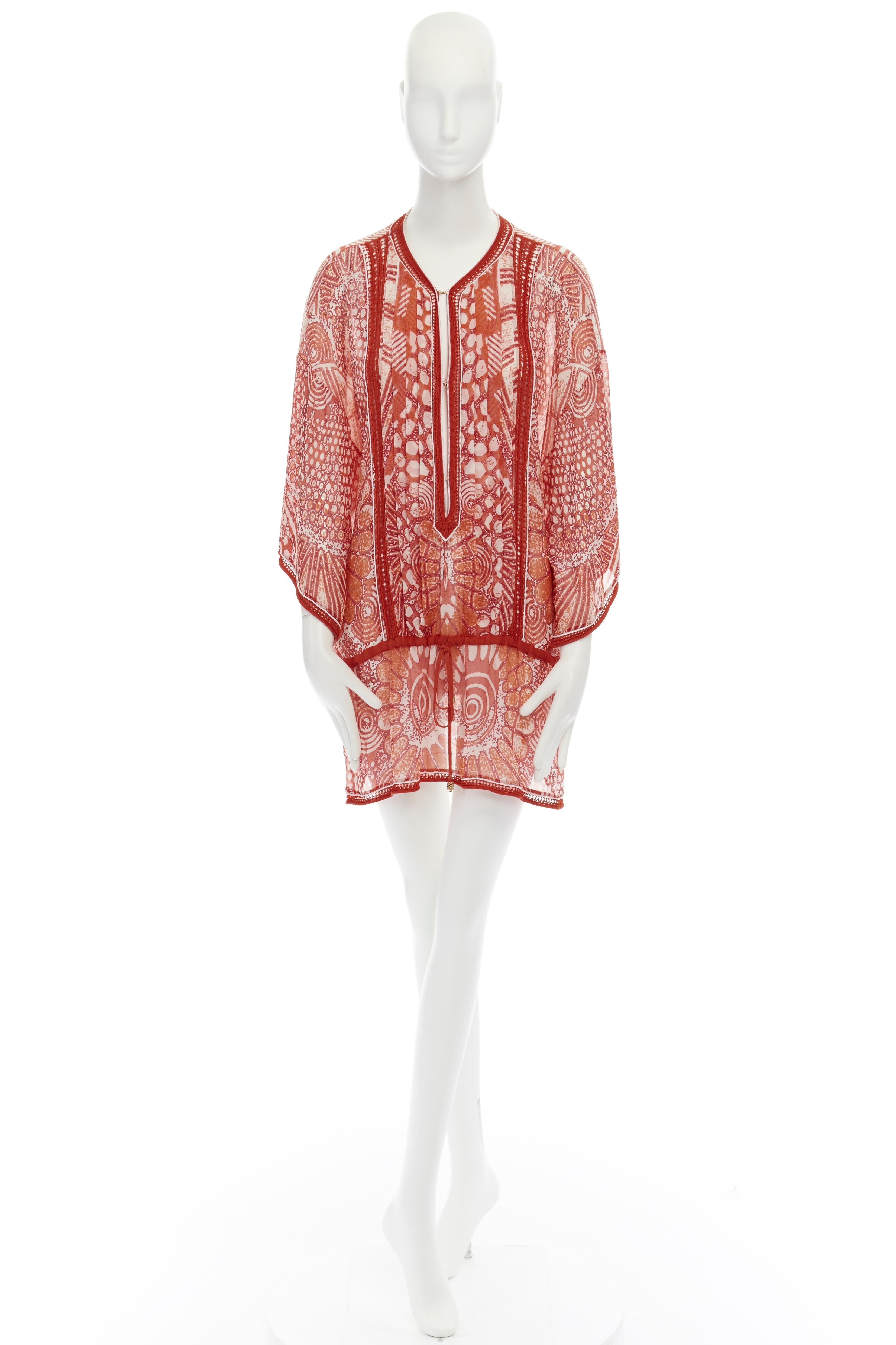 ROBERTO CAVALLI 100% silk red tropical floral crochet seam poncho cover up top S
Brand: Roberto Cavalli
Designer: Roberto Cavalli
Model Name / Style: Silk coverup
Material: Silk
Color: Red
Pattern: Floral
Closure: Hook & eye
Extra Detail: 100% silk.