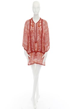 ROBERTO CAVALLI 100% silk red tropical floral crochet seam poncho cover up top S