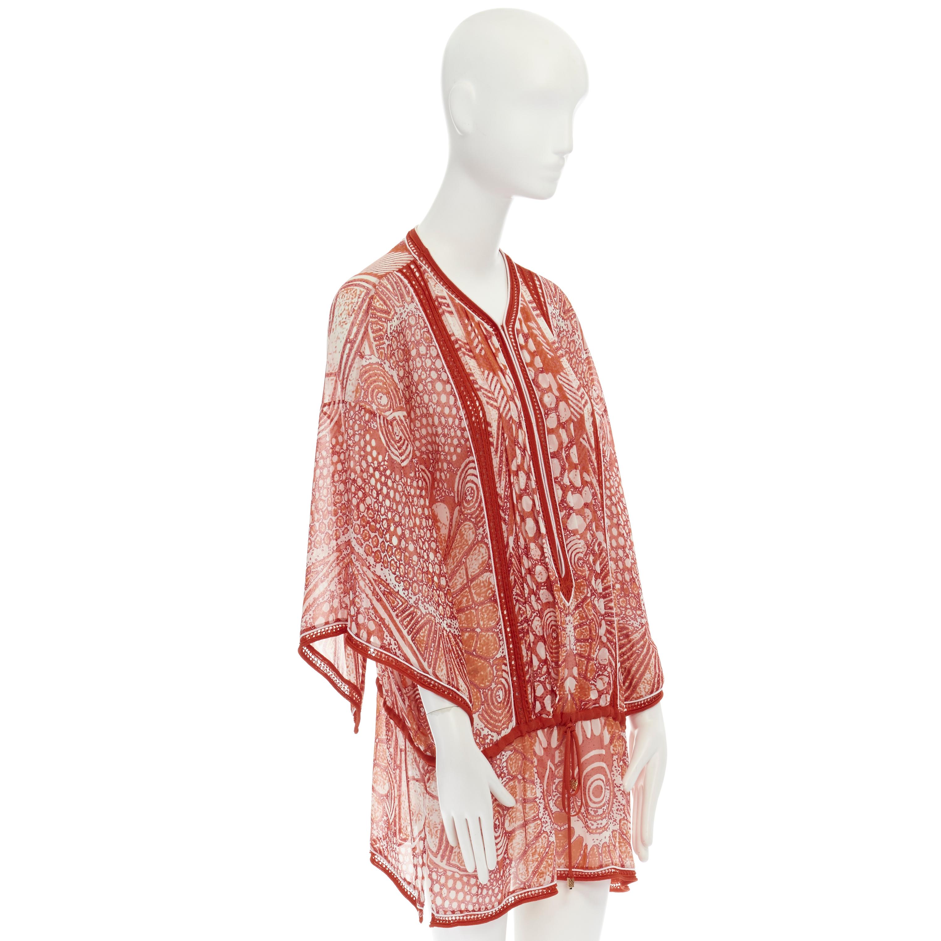 Brown ROBERTO CAVALLI 100% silk red tropical floral crochet seam poncho cover up top S