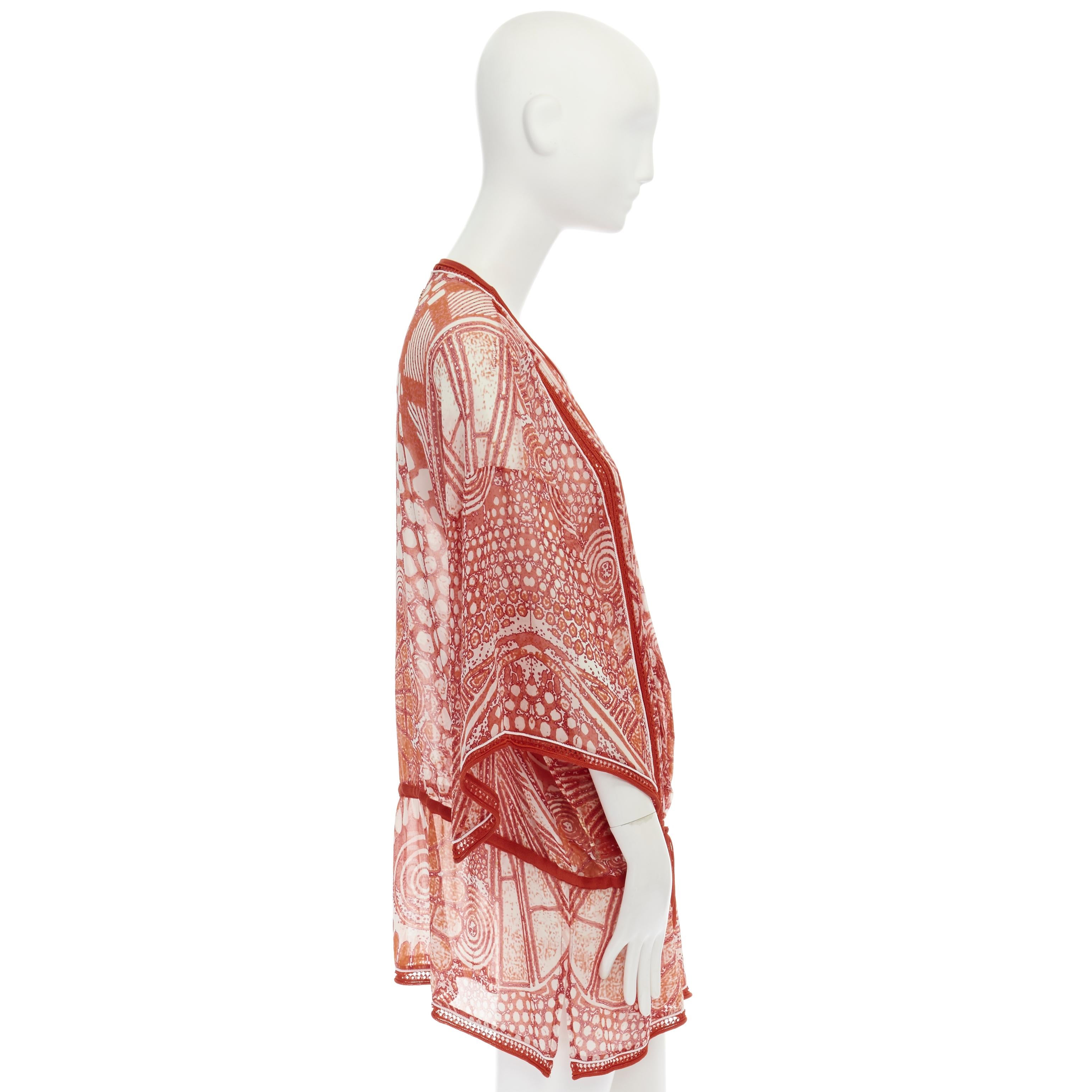 ROBERTO CAVALLI 100% silk red tropical floral crochet seam poncho cover up top S In Fair Condition In Hong Kong, NT