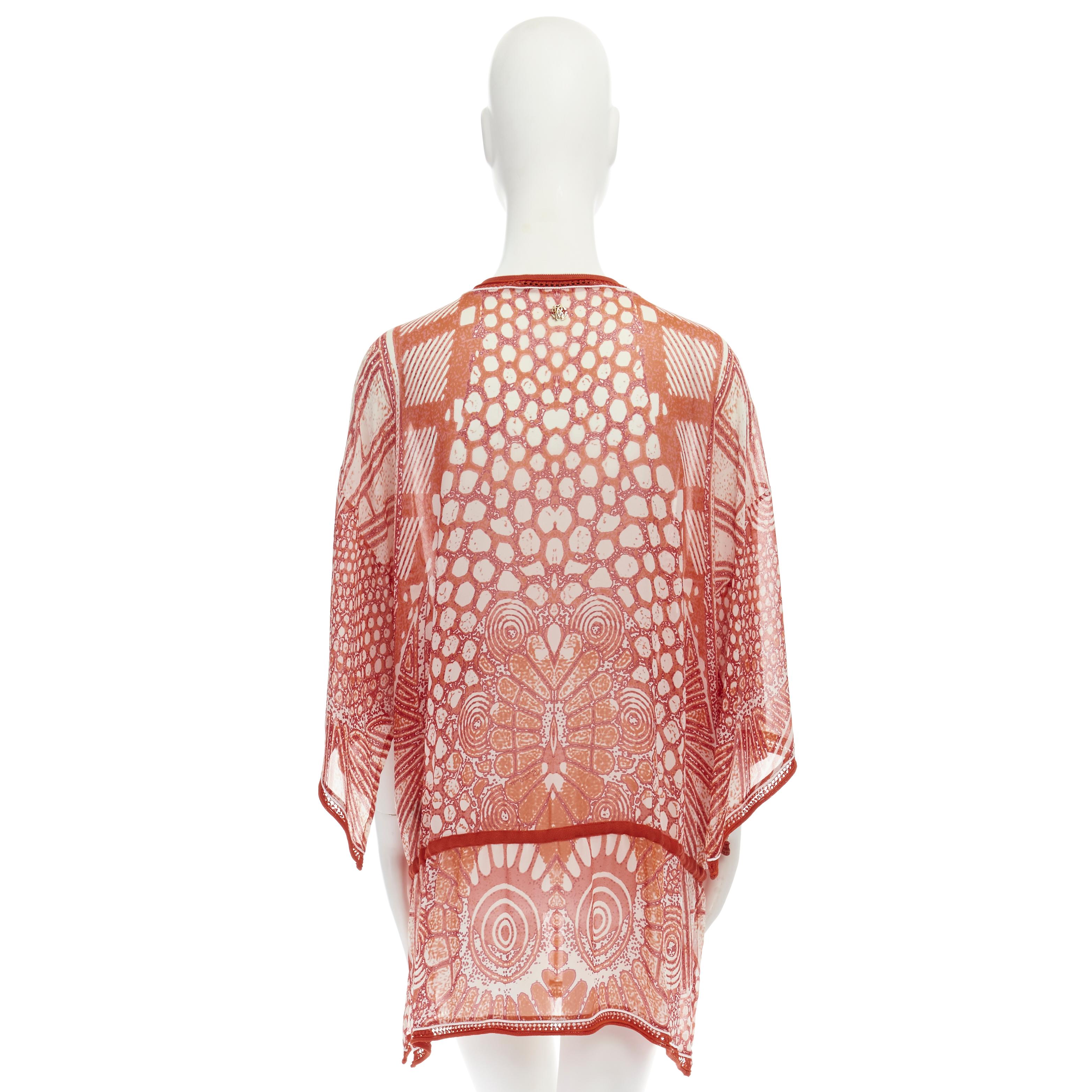 Women's ROBERTO CAVALLI 100% silk red tropical floral crochet seam poncho cover up top S