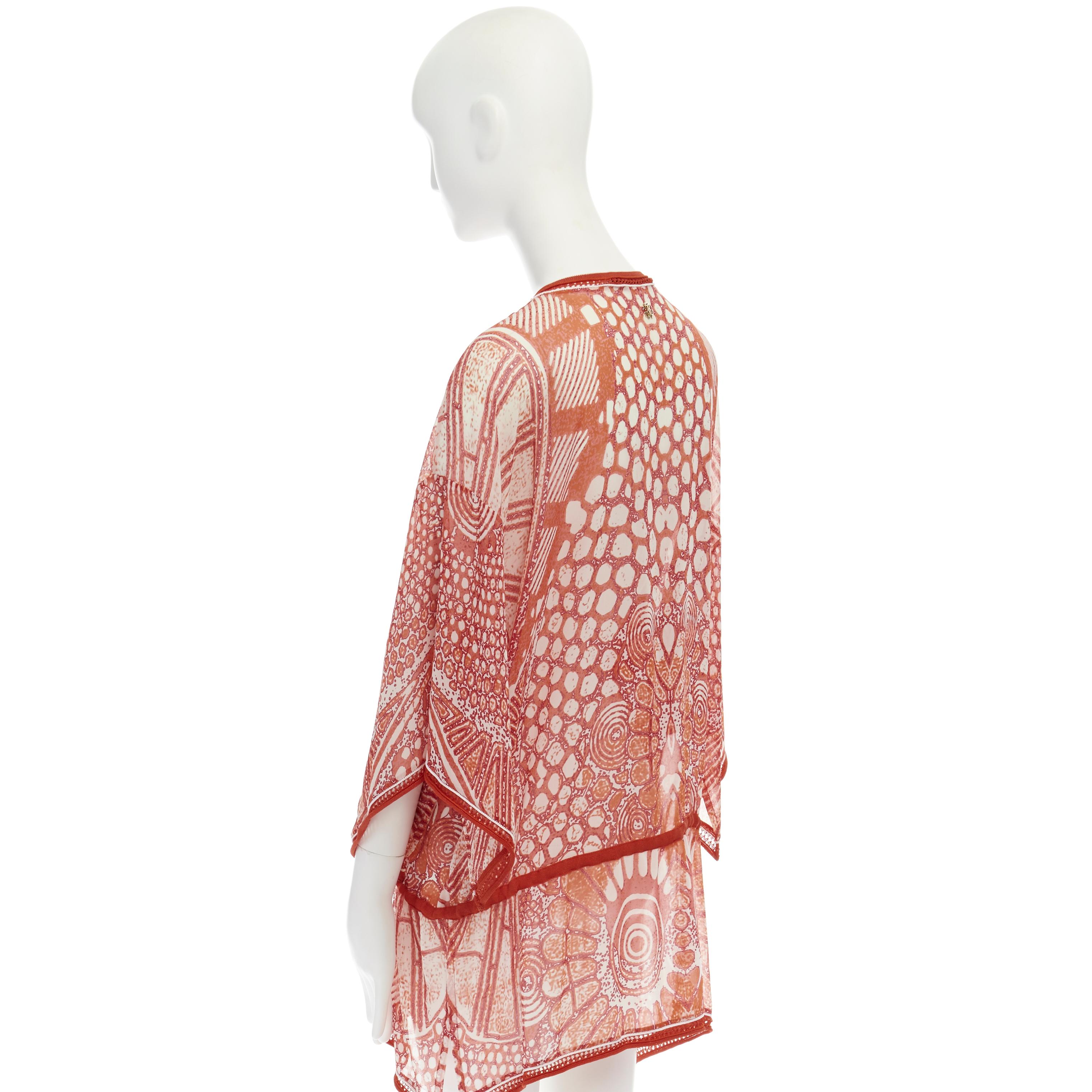 ROBERTO CAVALLI 100% silk red tropical floral crochet seam poncho cover up top S 1