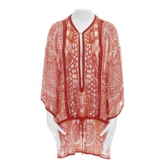 ROBERTO CAVALLI 100% silk red tropical floral crochet seam poncho cover up top S