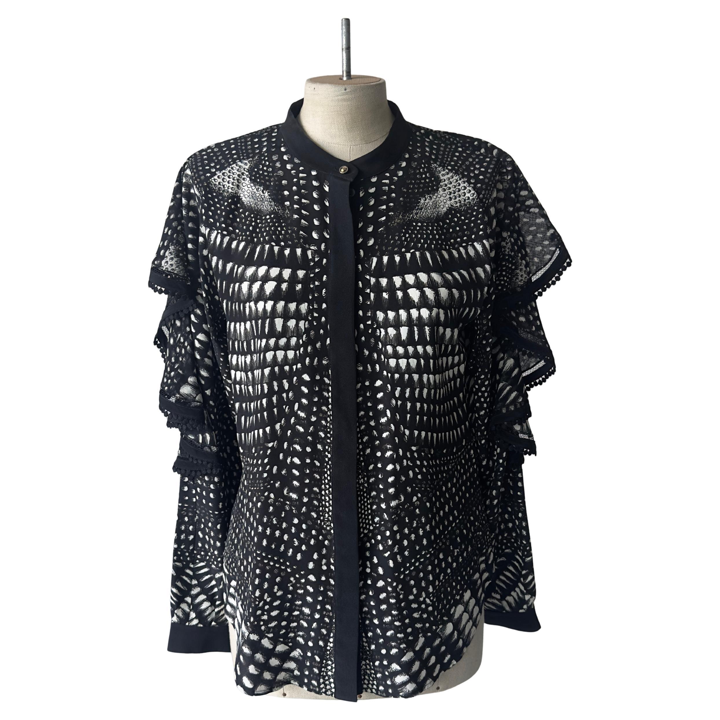 Roberto Cavalli 100% Silk Satin Black 
White Graphic Print Blouse