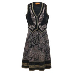 Roberto Cavalli 1970s Schwarz Braun Velours Paisley Patchwork Weste Rock Set IT 38