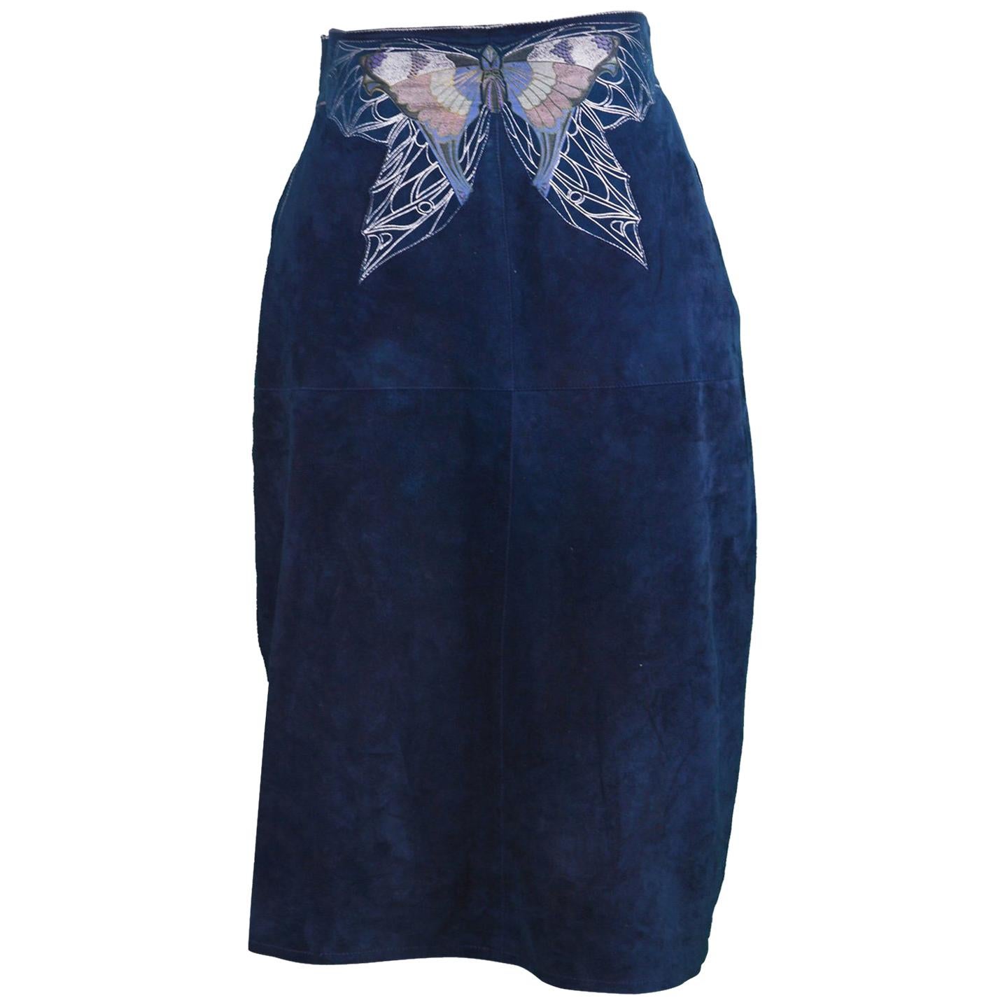 Roberto Cavalli 1970s Vintage Blue Suede Skirt