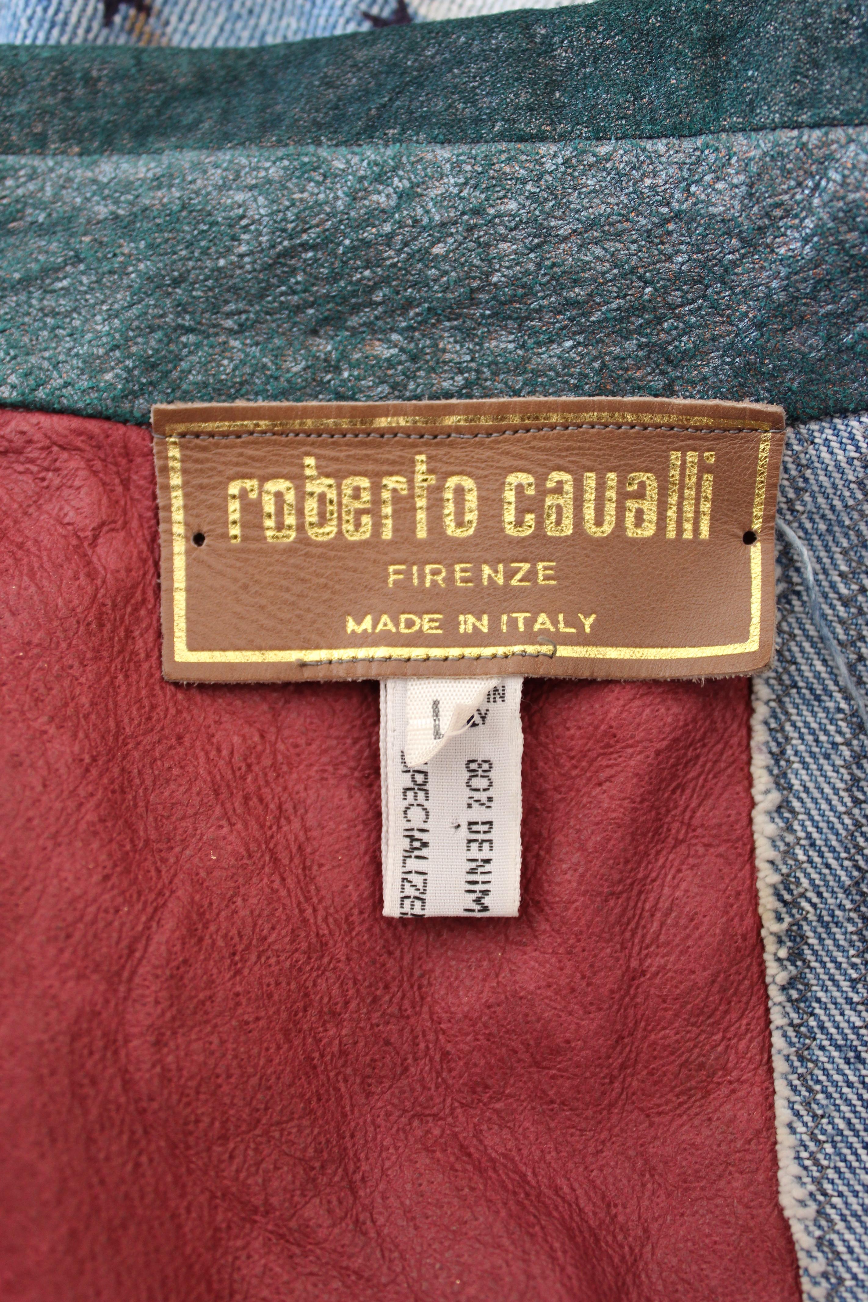 Women's Roberto Cavalli 1980s Blue Leather Denim Patchwork Jacket Vintage