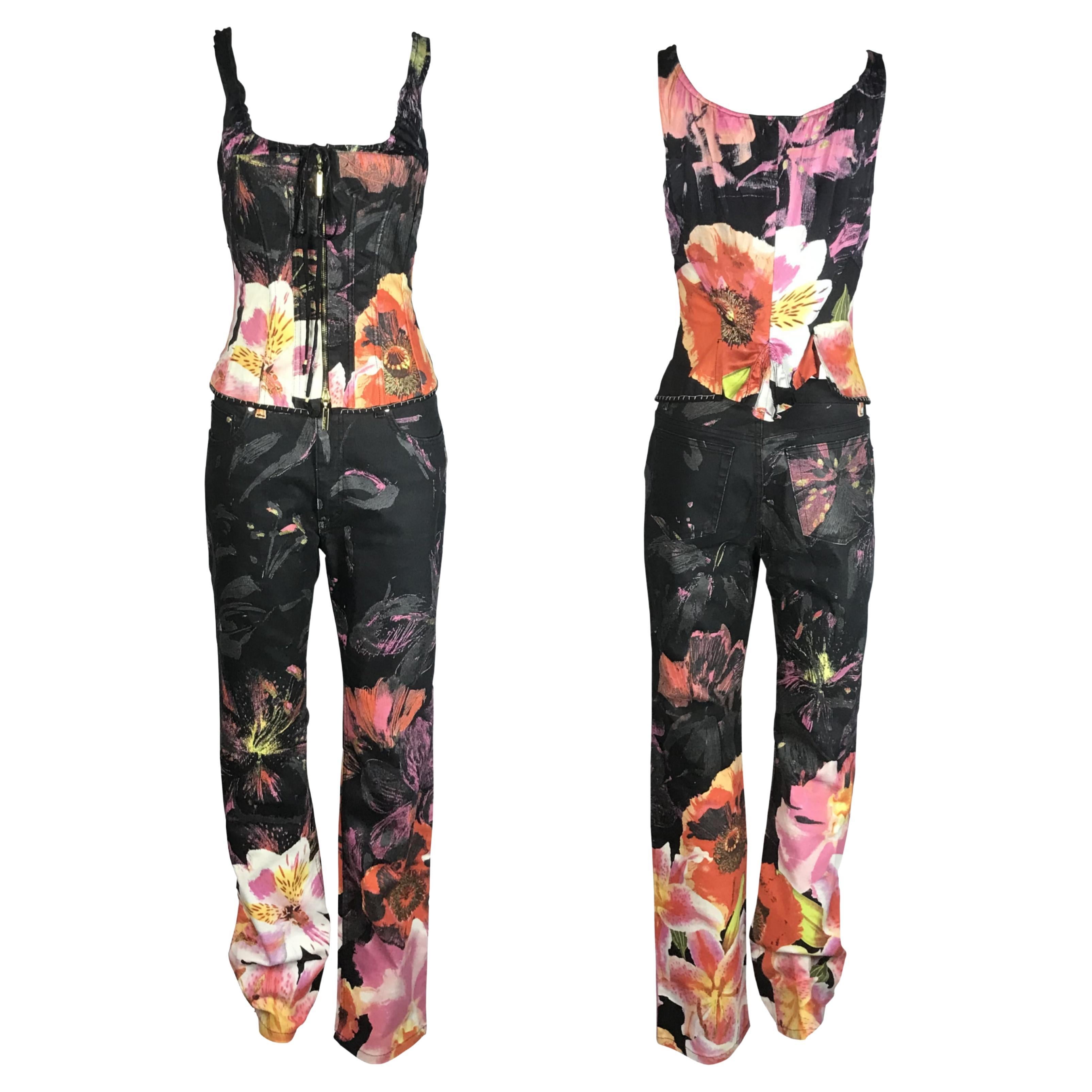 ROBERTO CAVALLI 1990s Black Flower Glitter Denim Corset Top and Pants Set