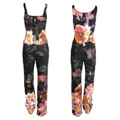 ROBERTO CAVALLI 1990s Black Flower Glitter Denim Corset Top and Pants Set