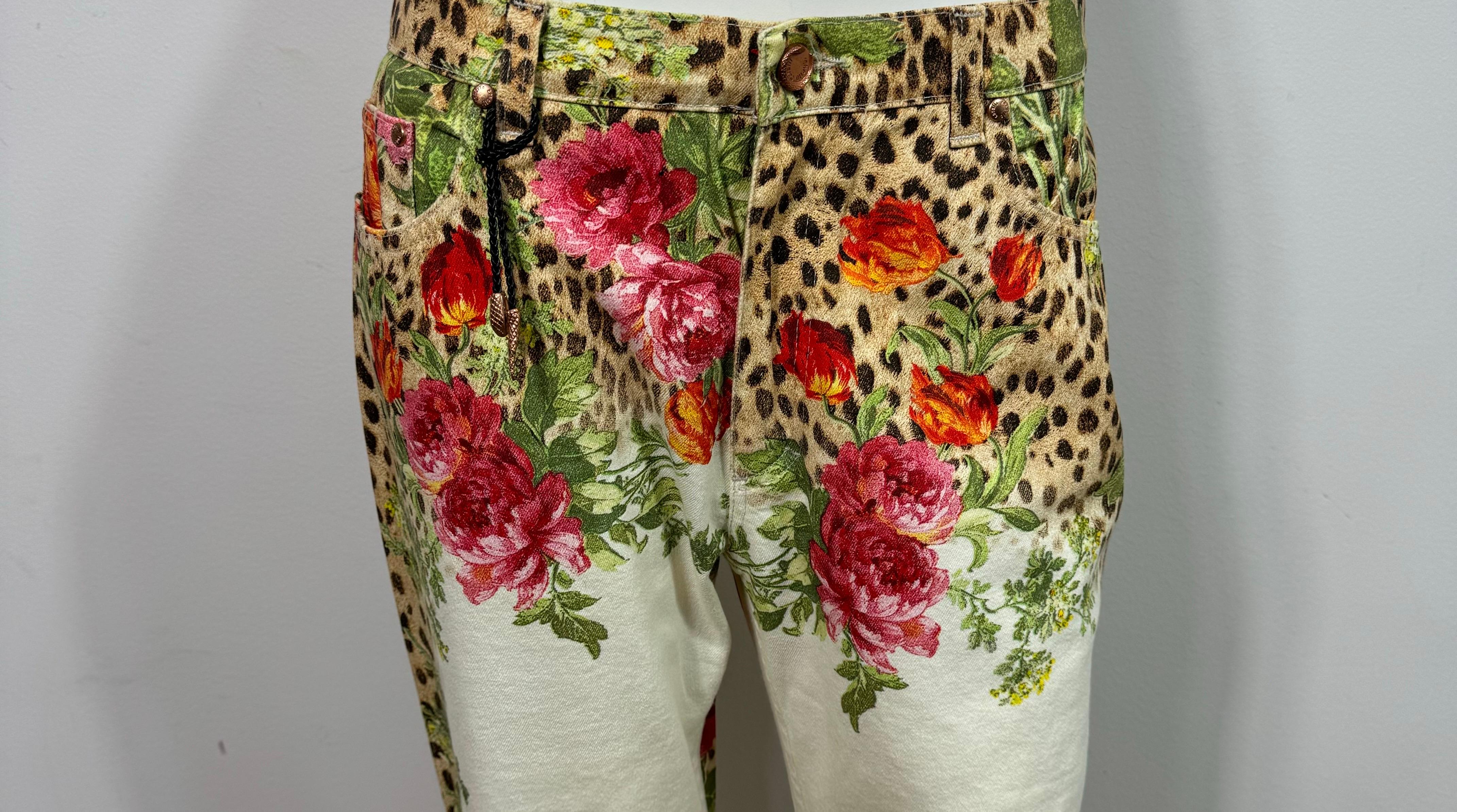 Roberto Cavalli 1990’s Leopard and Rose Print Mid Rise Jeans - Size Large 8