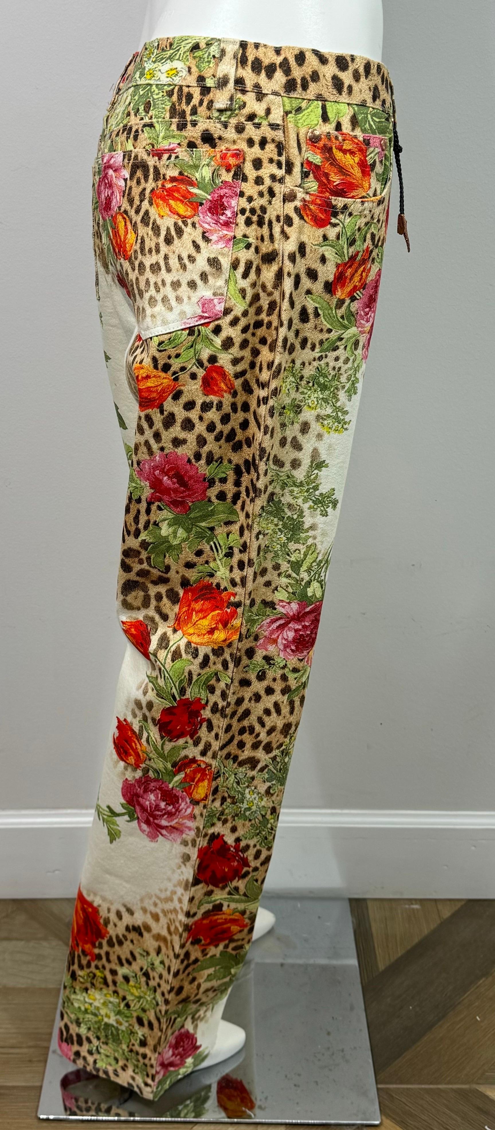Roberto Cavalli 1990’s Leopard and Rose Print Mid Rise Jeans - Size Large 10