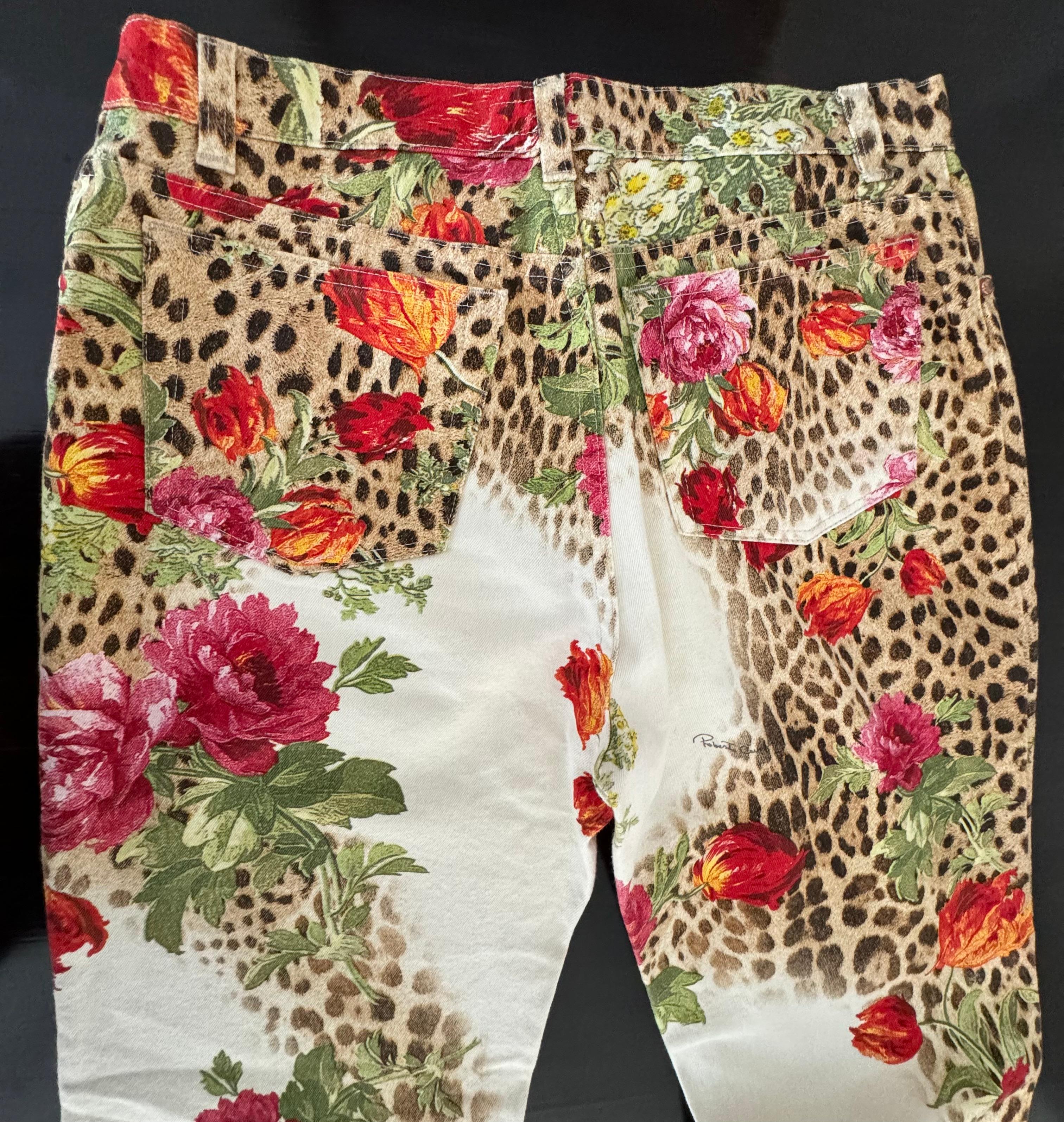 Brown Roberto Cavalli 1990’s Leopard and Rose Print Mid Rise Jeans - Size Large