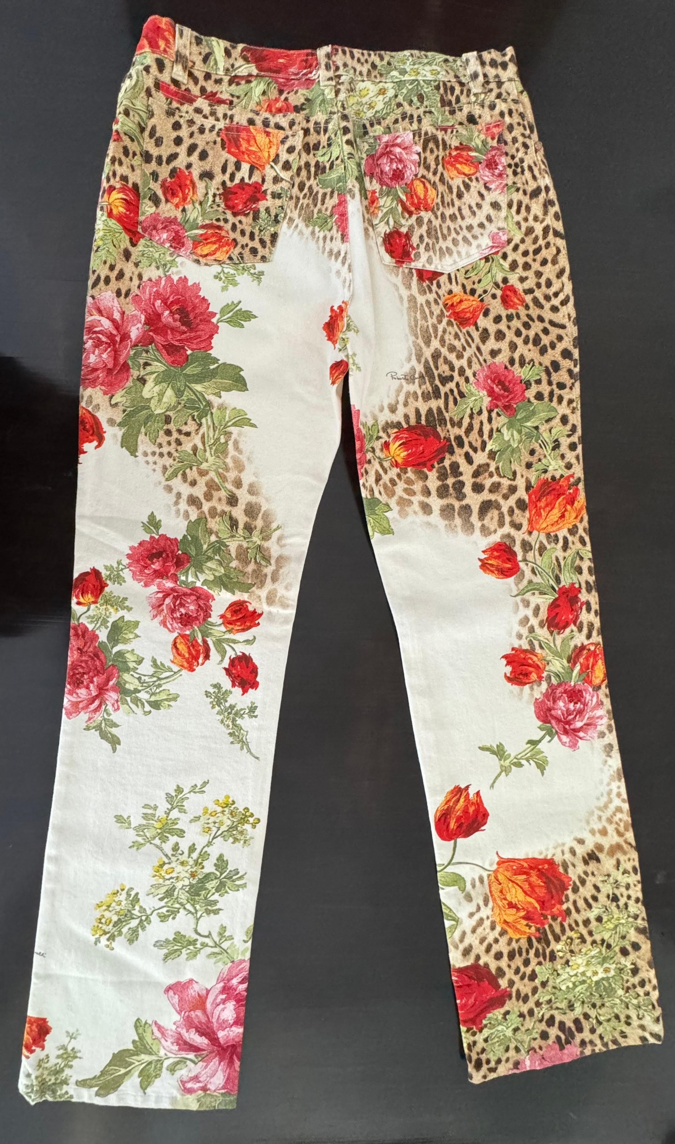 Roberto Cavalli 1990’s Leopard and Rose Print Mid Rise Jeans - Size Large In Excellent Condition In West Palm Beach, FL