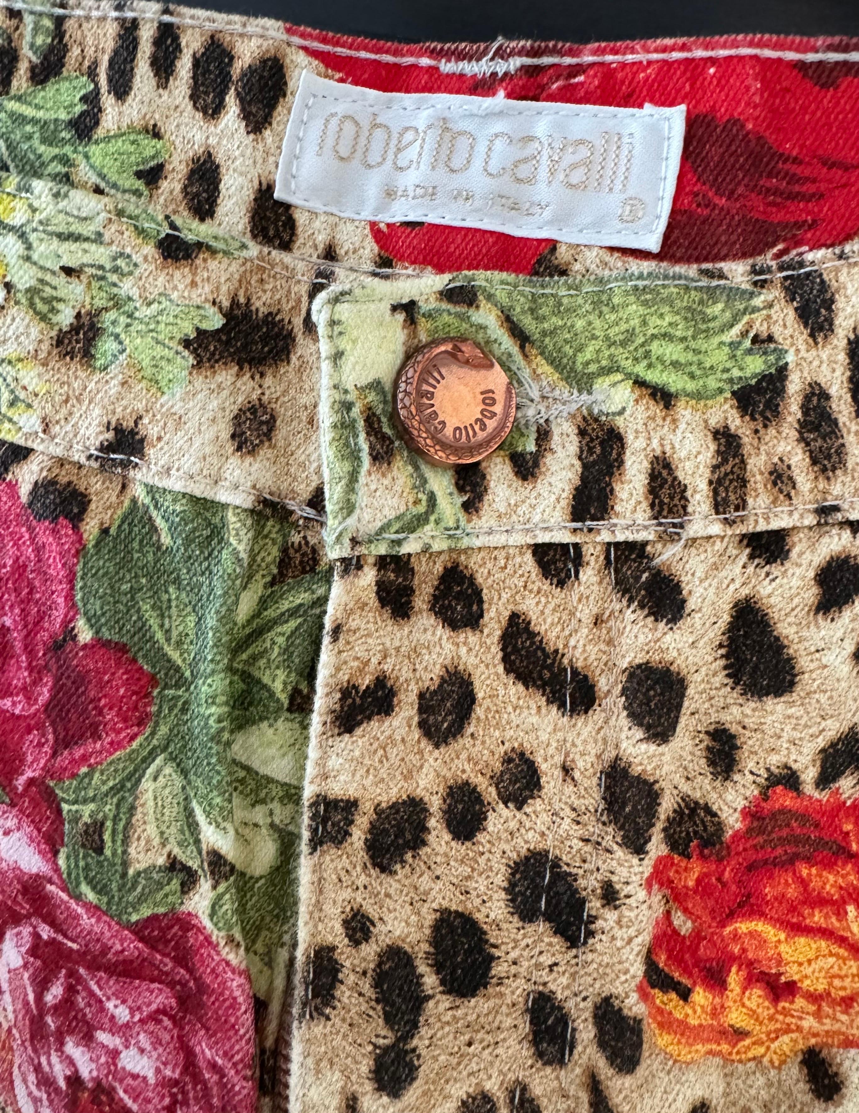 Roberto Cavalli 1990’s Leopard and Rose Print Mid Rise Jeans - Size Large 1