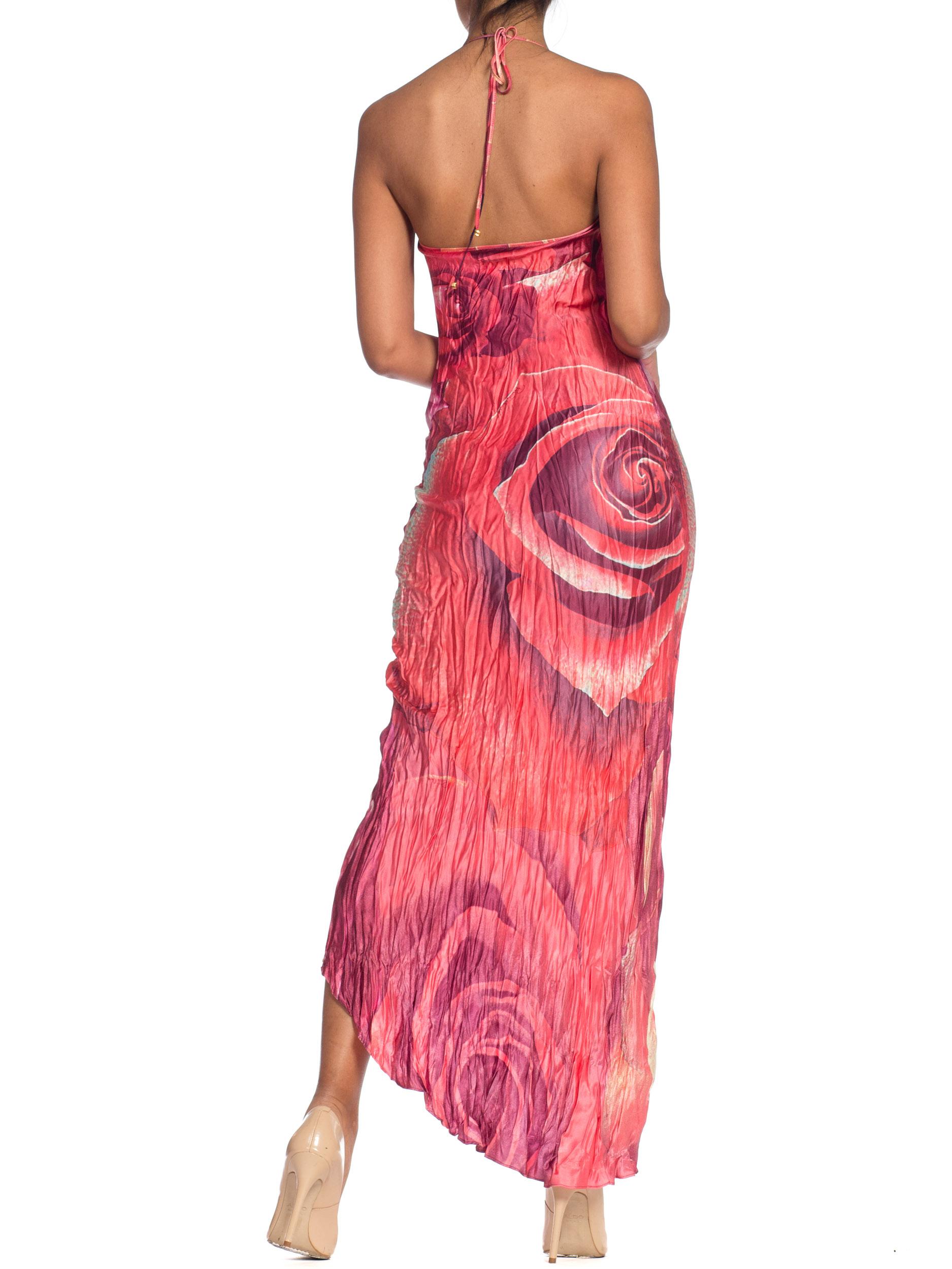 Roberto Cavalli 1990s Red Rose Printed Bias Silk Dress In Excellent Condition In New York, NY