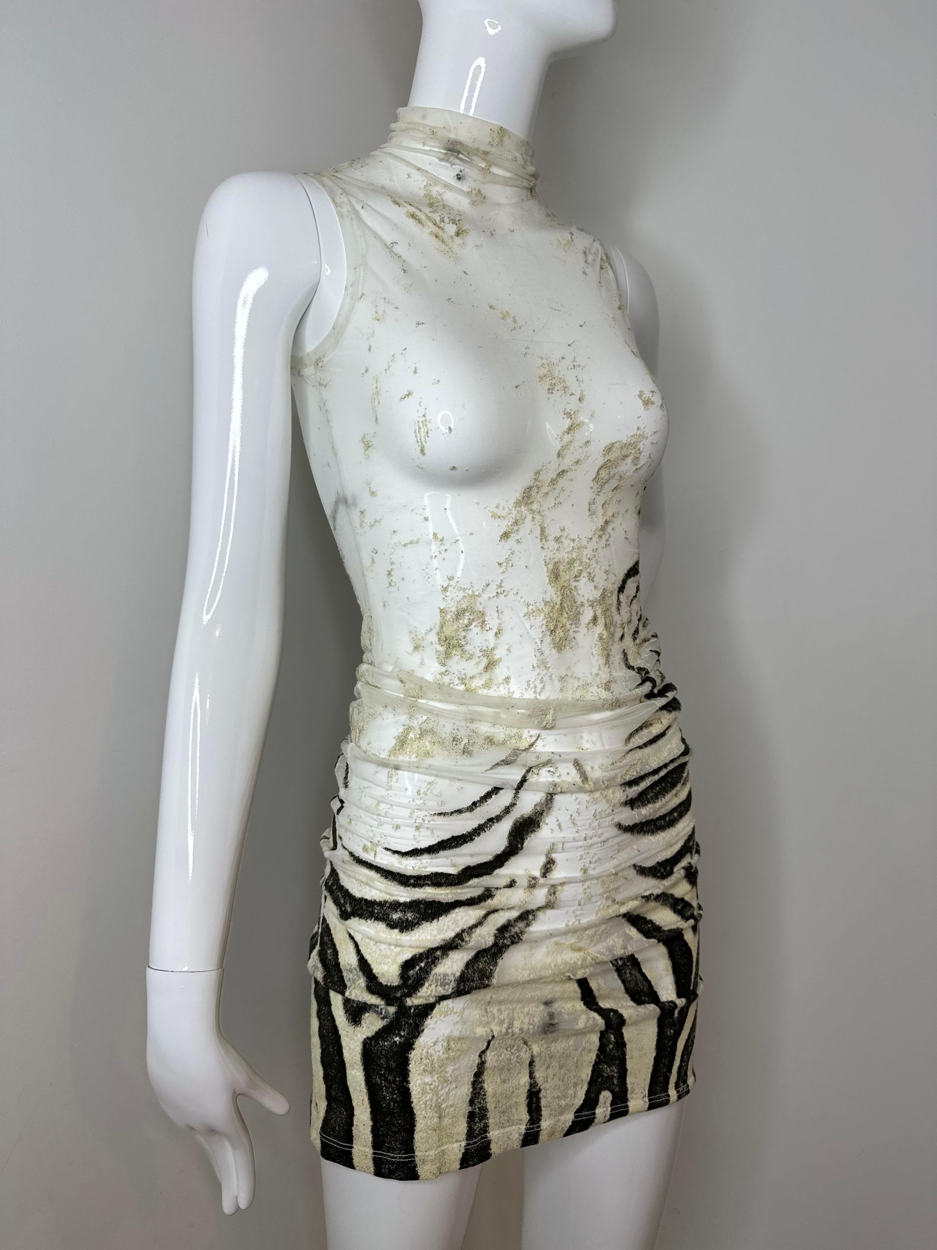 Very Rare Roberto Cavalli 1999 zebra sheer midi/mini dress 
Size S 

It hits above the knee but can be worn as a mini scrunched as shown on the mannequin 

The fabric has a few imperfections and mini rips. Everything pictured 

