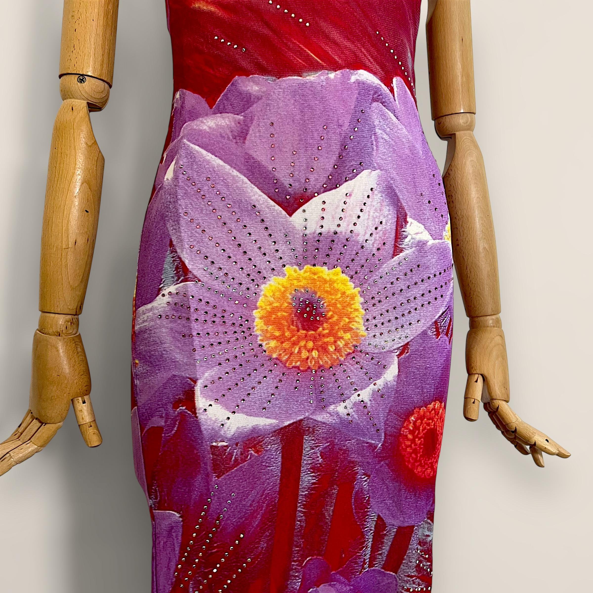 <p>Das Kleid von Roberto Cavalli aus der Kollektion Frühjahr/Sommer 2000 besticht durch sein Design. Es ist aus einem auffälligen roten Mesh-Material gefertigt und mit einem großen lilafarbenen Blumendruck verziert, der durch funkelnde Kristalle