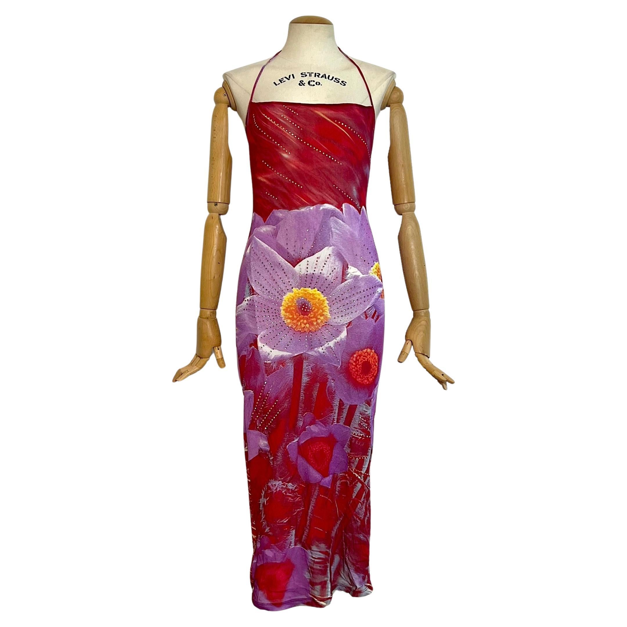 Roberto Cavalli 2000 S/S purple Floral Print Halter Midi Dress For Sale