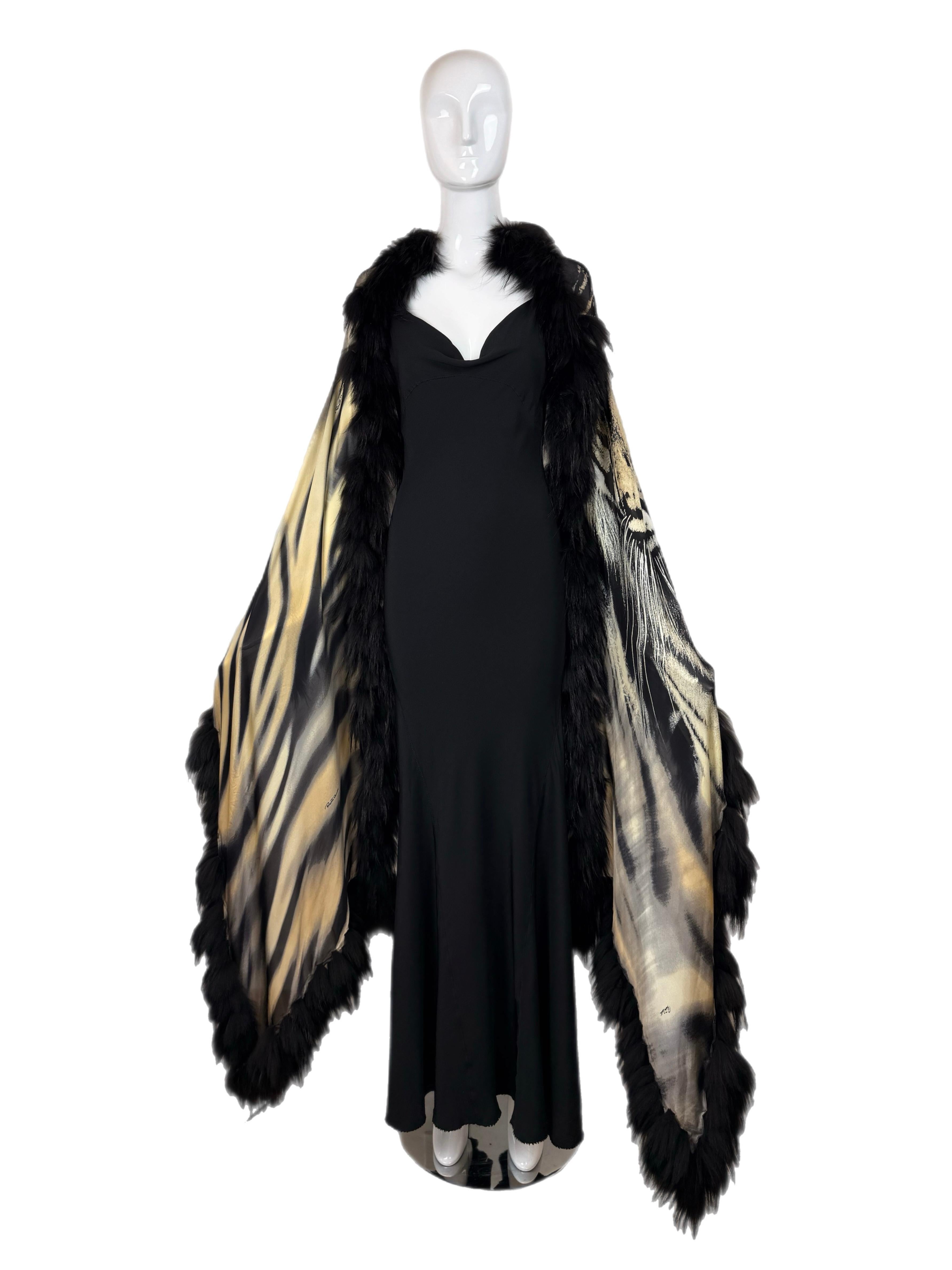 REAL FUR (cannot cross customs) USA ship ONLY
International Orders will be CANCELLED
USA purchase ONLY
Roberto Cavalli
c. 2000
Vintage
Jet Black Gown
Black + Tiger Print Humungous Shawl
Dress + Shawl are Silk
Back adjustable lace-up
Cowl Neck
Size
