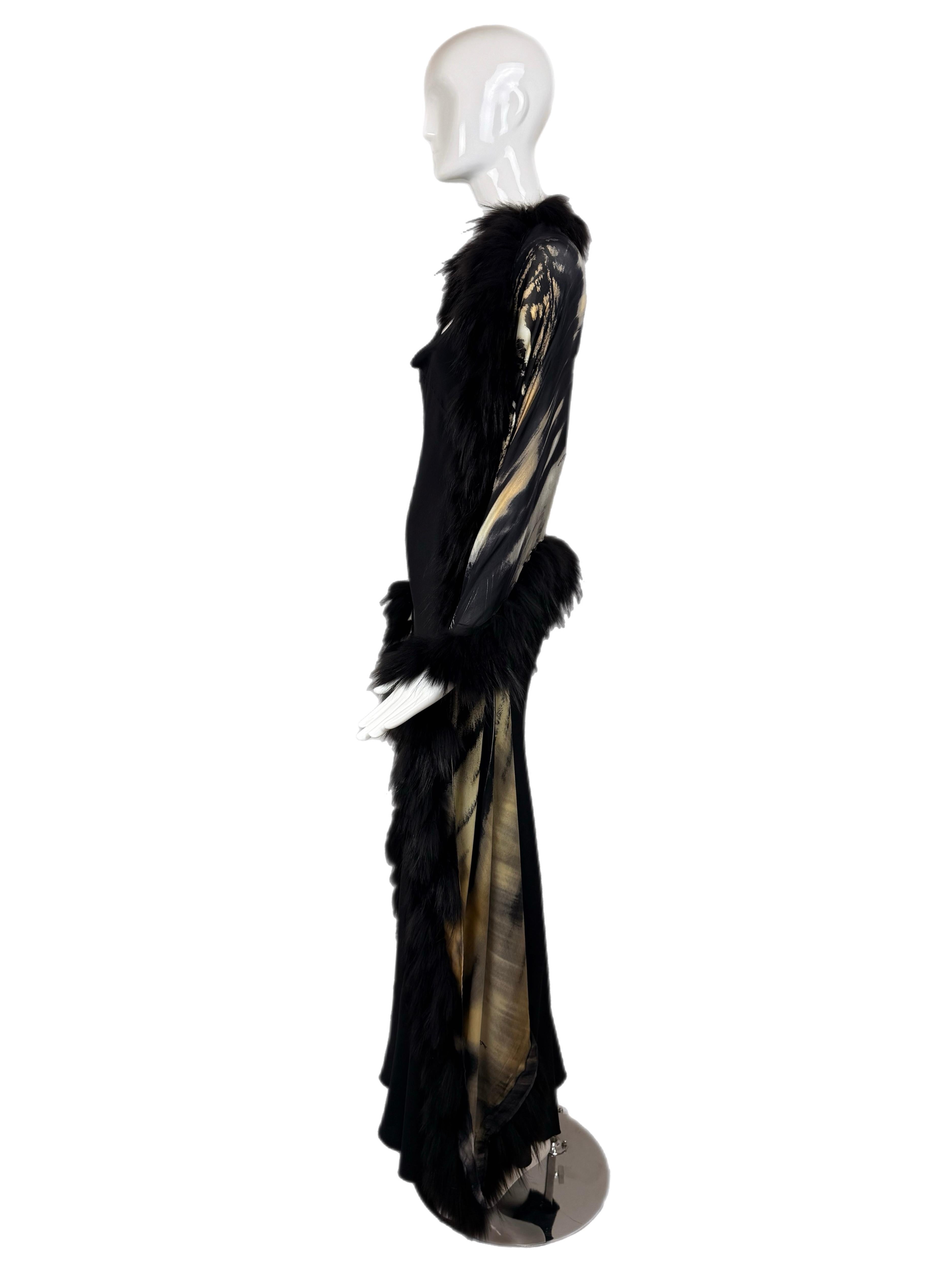 Black ROBERTO CAVALLI c. 2000 Vintage Fur + Silk Ensemble Maxi Dress Gown + Shawl Cape For Sale