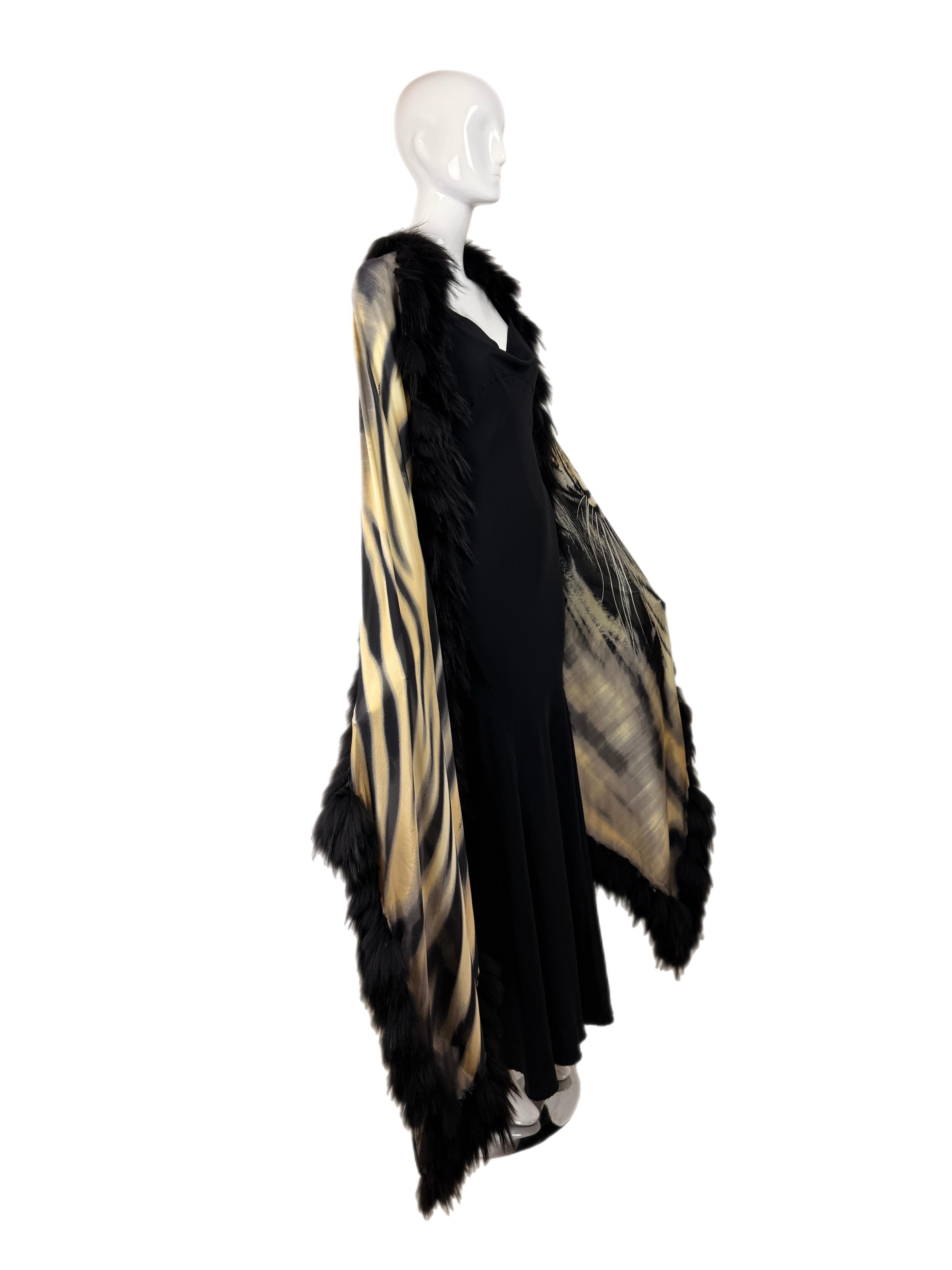 ROBERTO CAVALLI c. 2000 Vintage Fur + Silk Ensemble Maxi Dress Gown + Shawl Cape For Sale 1