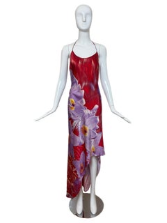 ROBERTO CAVALLI 2000 Vintage Runway Floral Silk Asymmetrical Long Halter Dress