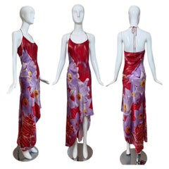 ROBERTO CAVALLI 2000 Vintage Runway Floral Silk Asymmetrical Long Halter Dress