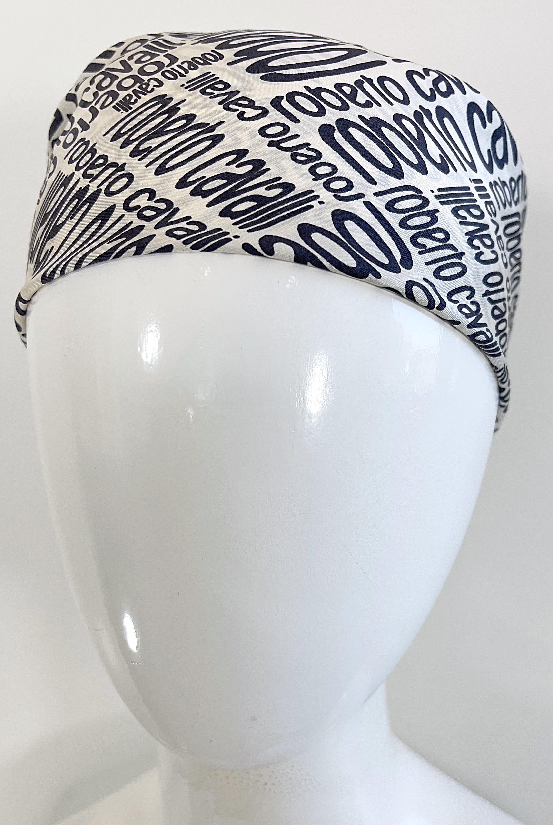 Roberto Cavalli 2000s Black and White Logo + Giraffe Animal Print Silk Scarf Y2K For Sale 6