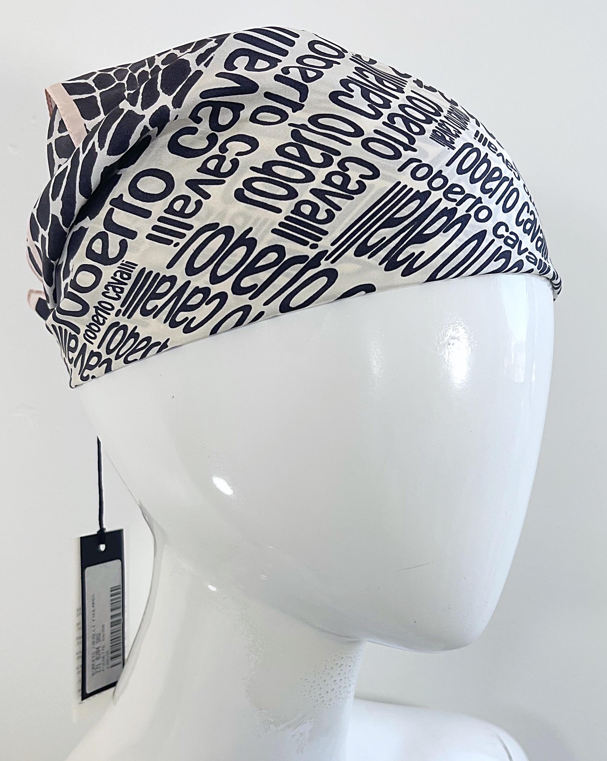 Roberto Cavalli 2000s Black and White Logo + Giraffe Animal Print Silk Scarf Y2K For Sale 7