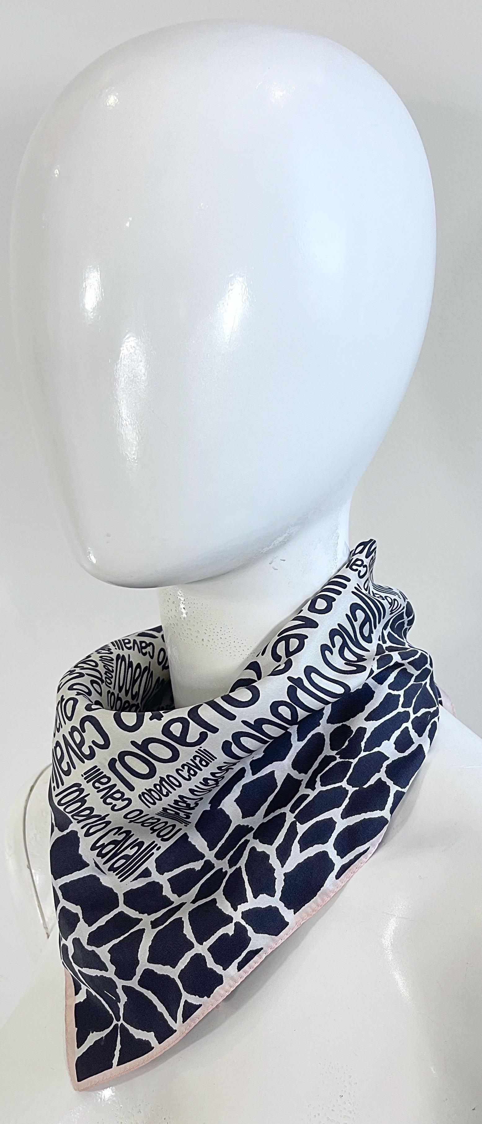 Roberto Cavalli 2000s Black and White Logo + Giraffe Animal Print Silk Scarf Y2K For Sale 8