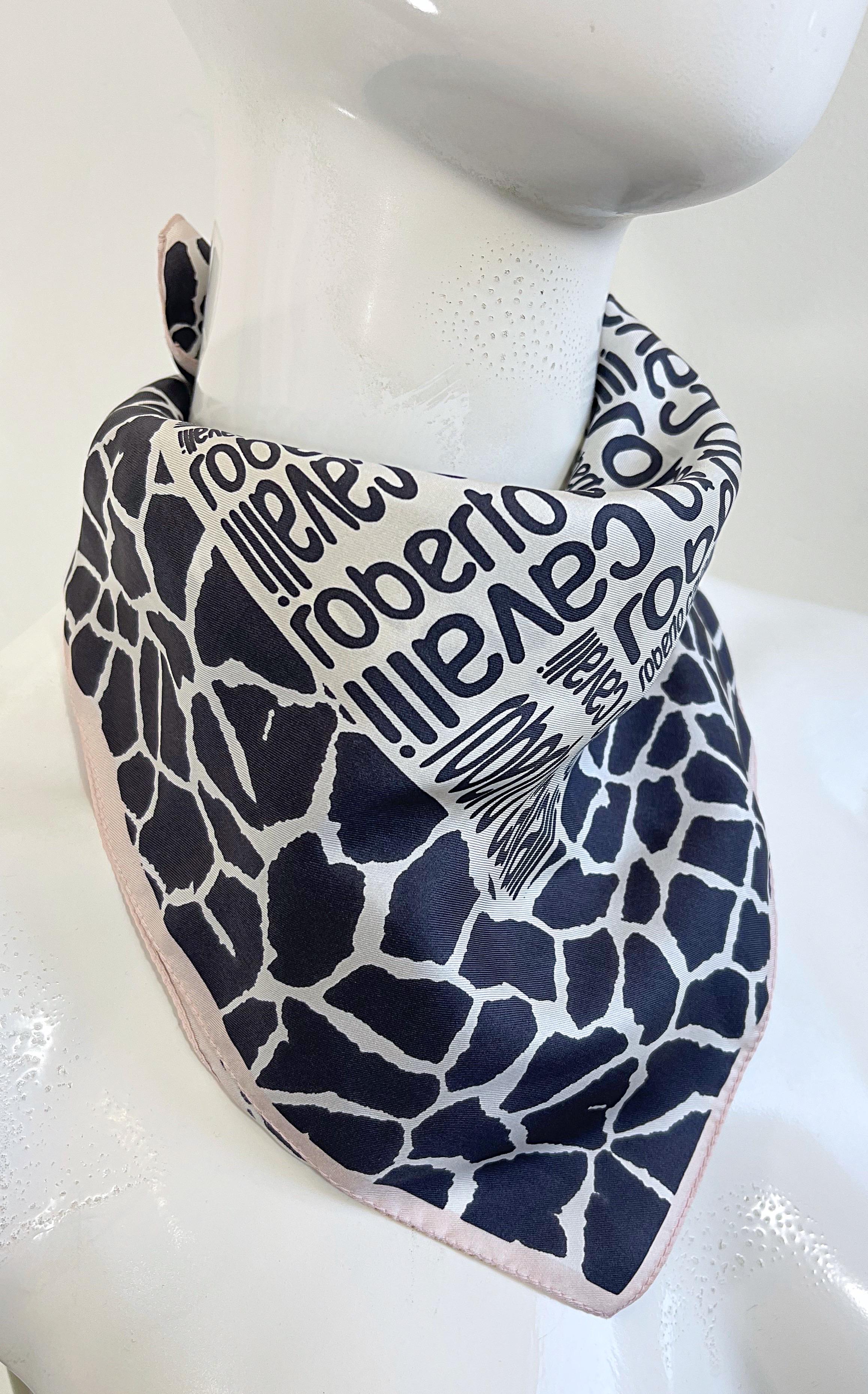 Roberto Cavalli 2000s Black and White Logo + Giraffe Animal Print Silk Scarf Y2K In New Condition For Sale In San Diego, CA