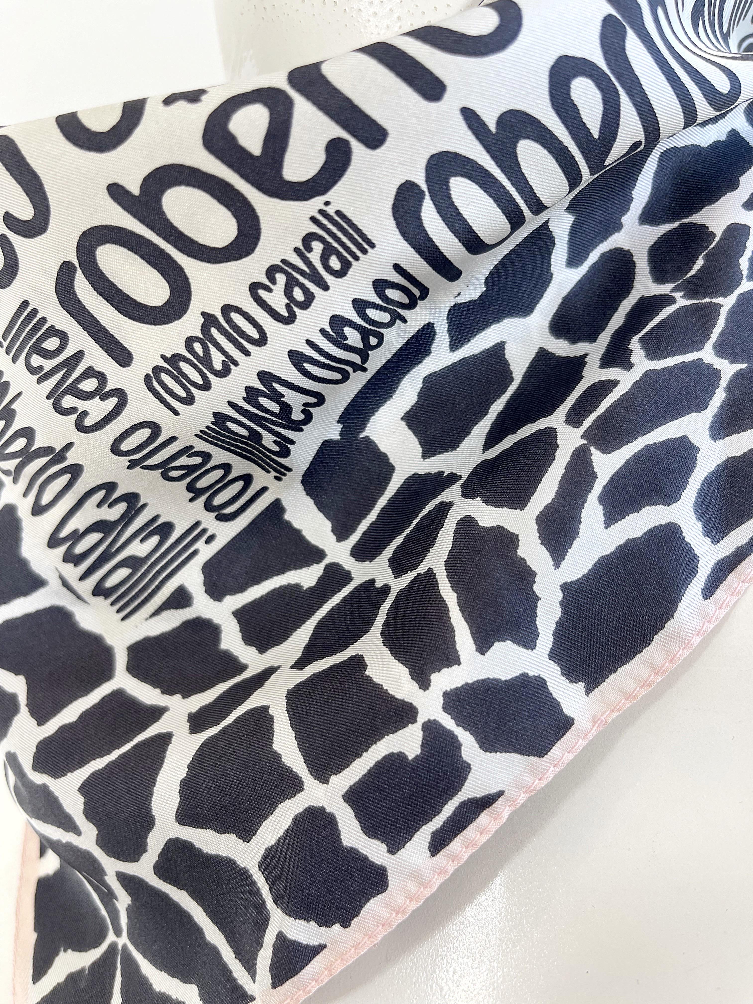 Women's or Men's Roberto Cavalli 2000s Black and White Logo + Giraffe Animal Print Silk Scarf Y2K For Sale