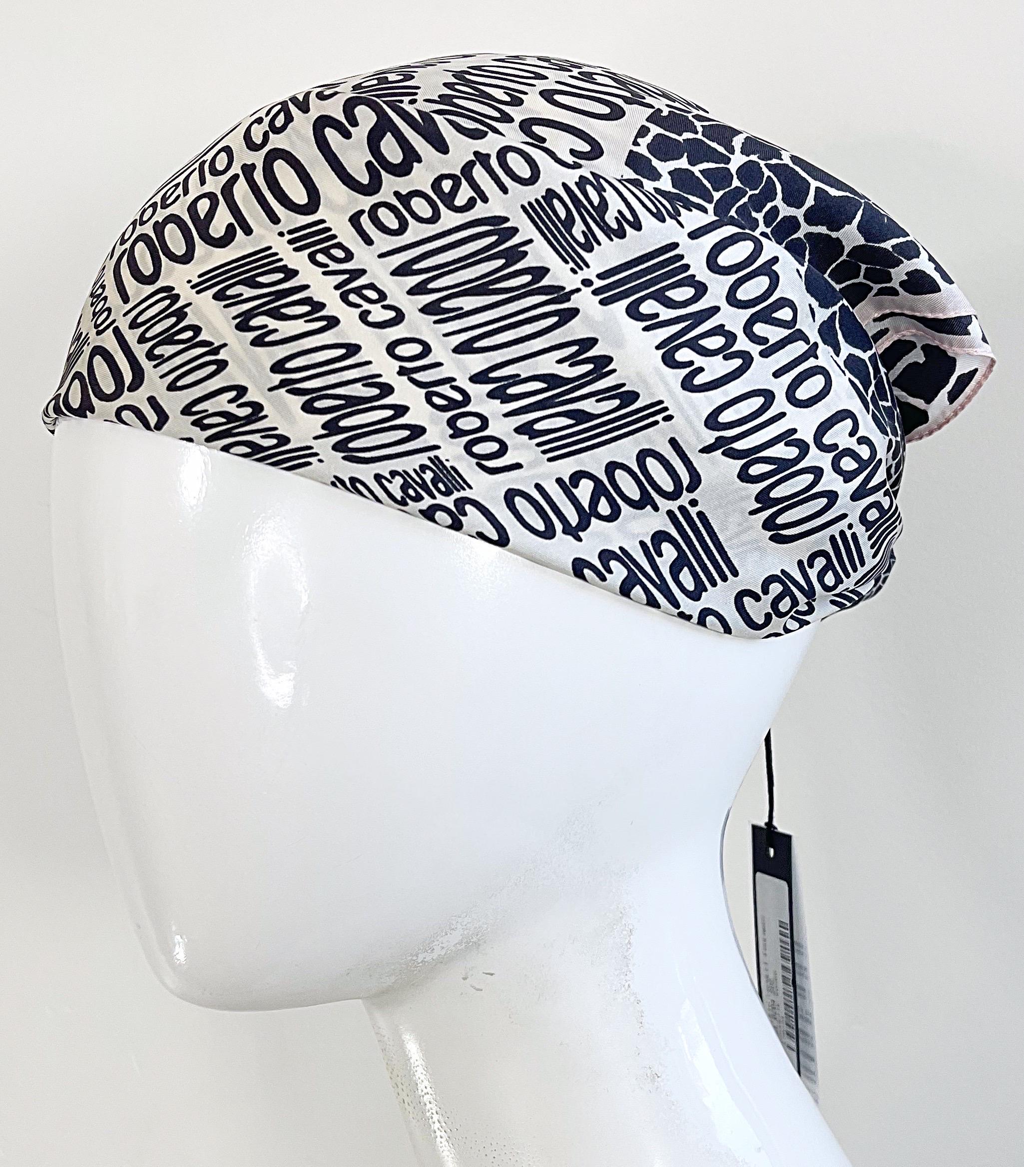 Roberto Cavalli 2000s Black and White Logo + Giraffe Animal Print Silk Scarf Y2K For Sale 2