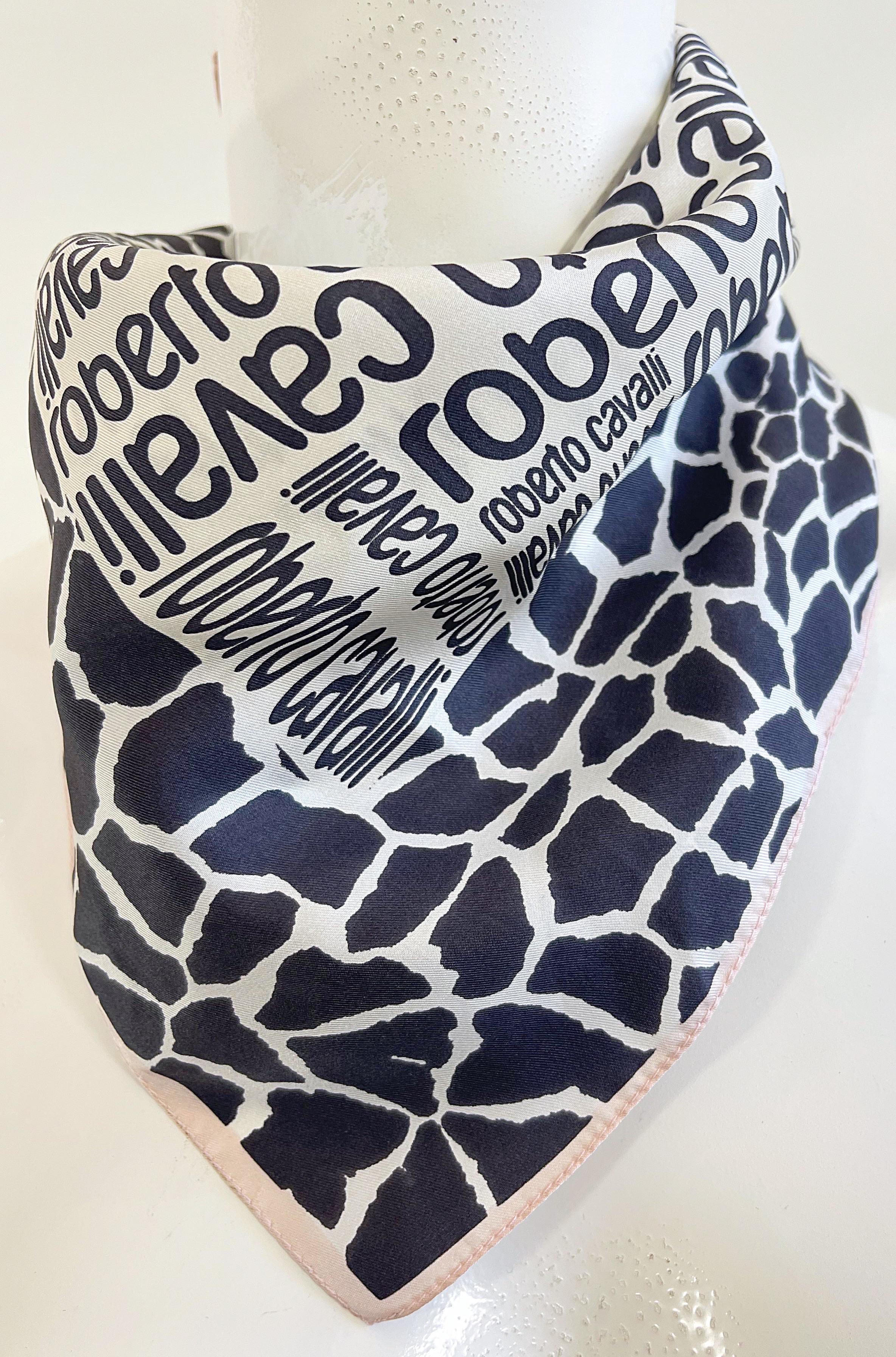 Roberto Cavalli 2000s Black and White Logo + Giraffe Animal Print Silk Scarf Y2K For Sale 3