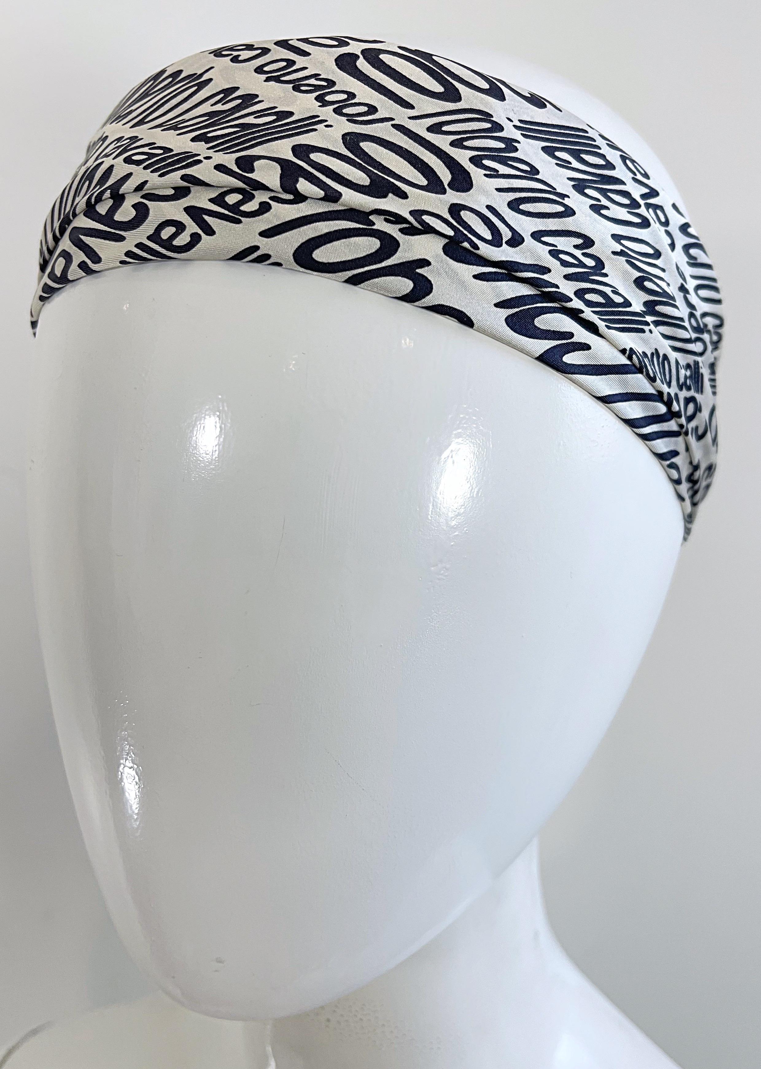 Roberto Cavalli 2000s Black and White Logo + Giraffe Animal Print Silk Scarf Y2K For Sale 4