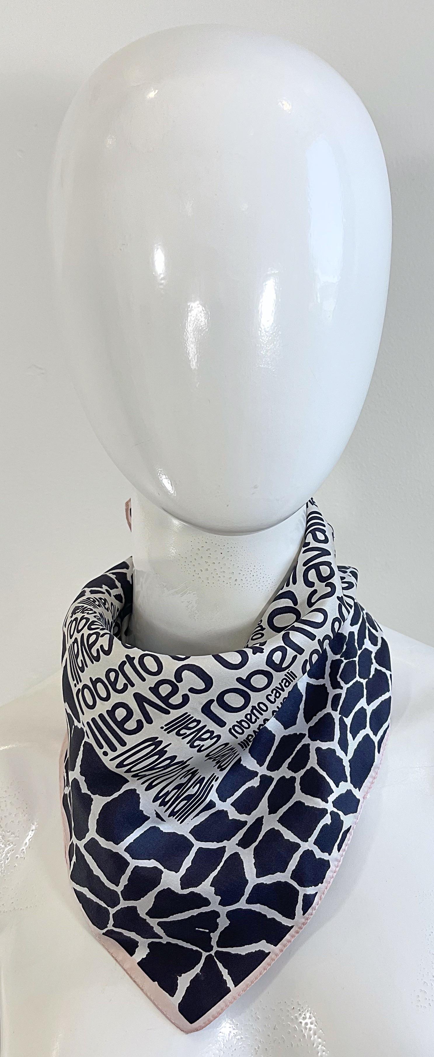 Roberto Cavalli 2000s Black and White Logo + Giraffe Animal Print Silk Scarf Y2K For Sale 5