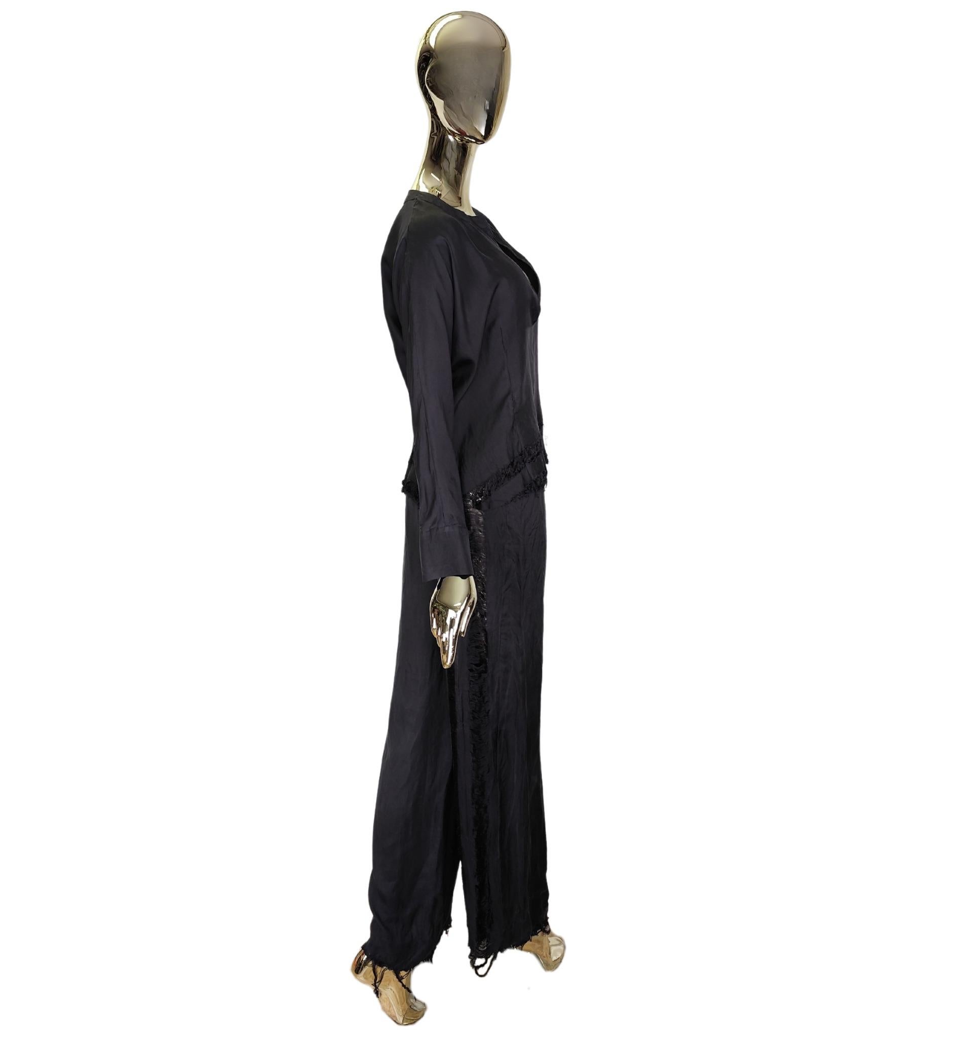 Black Roberto Cavalli 2000s black distressed silk blouse and pants set For Sale